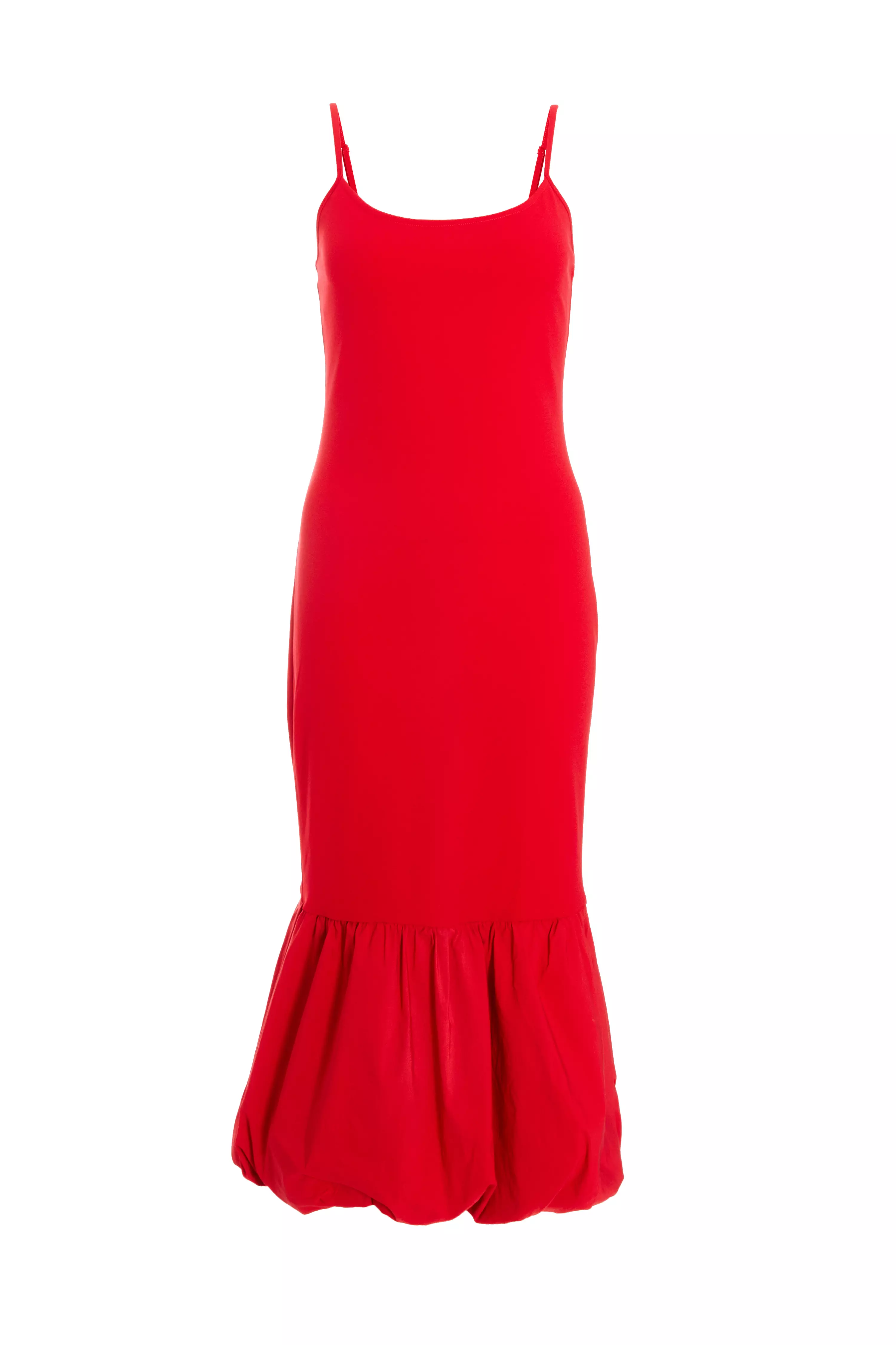 Red Puffball Hem Midi Dress