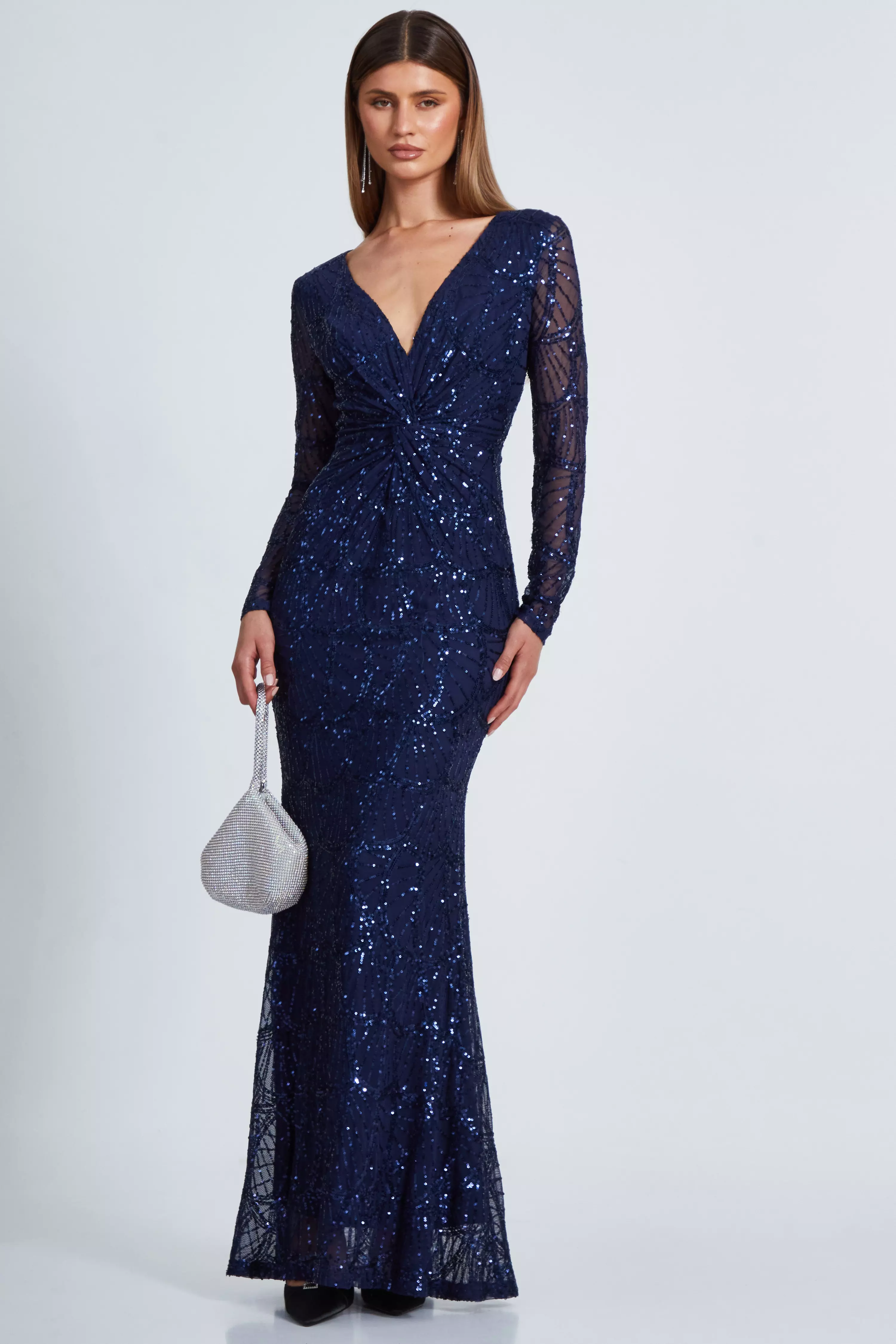 Navy Mesh Sequin Embellished Maxi Dress