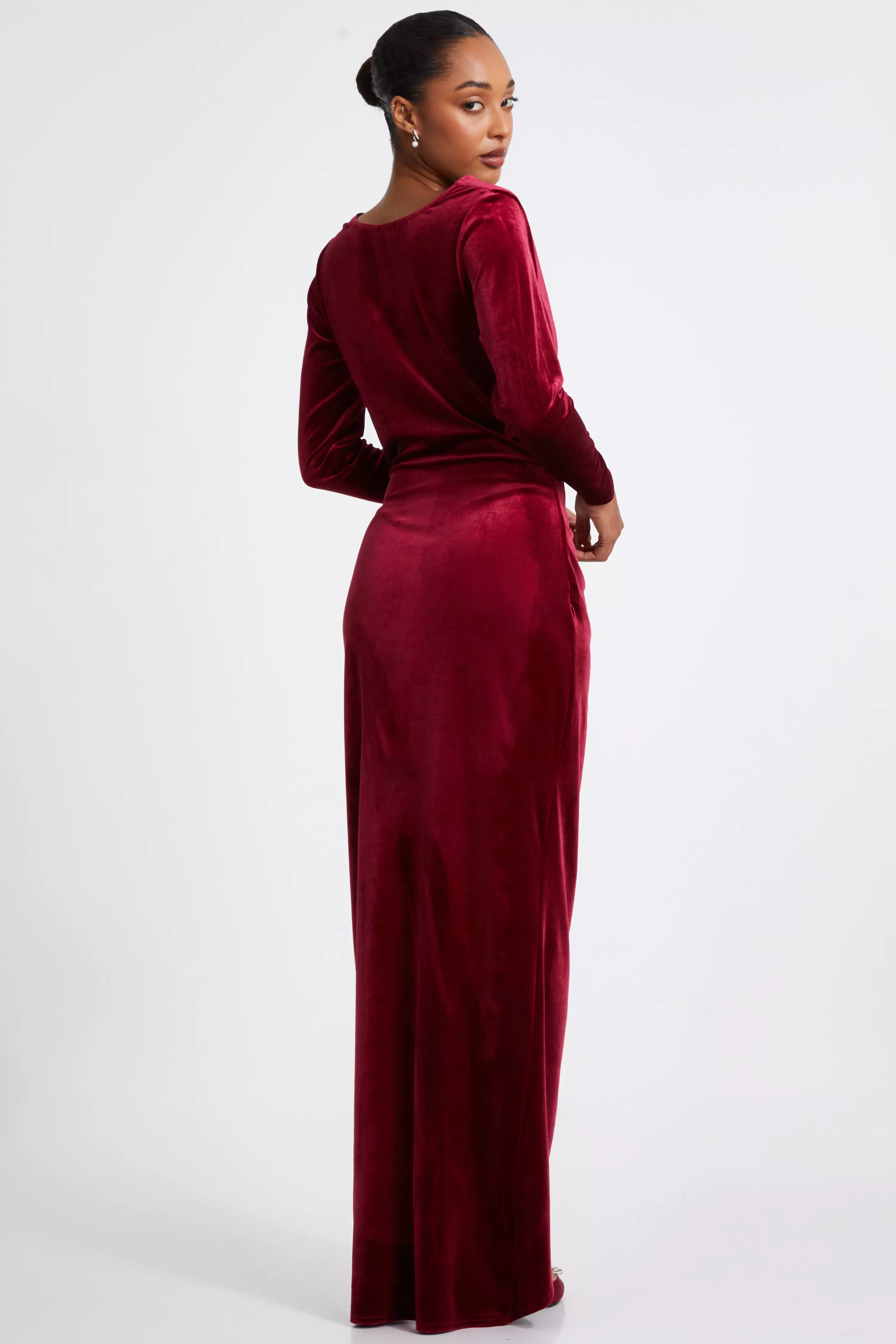 Dark Red Velvet Cowl Neck Maxi Dress