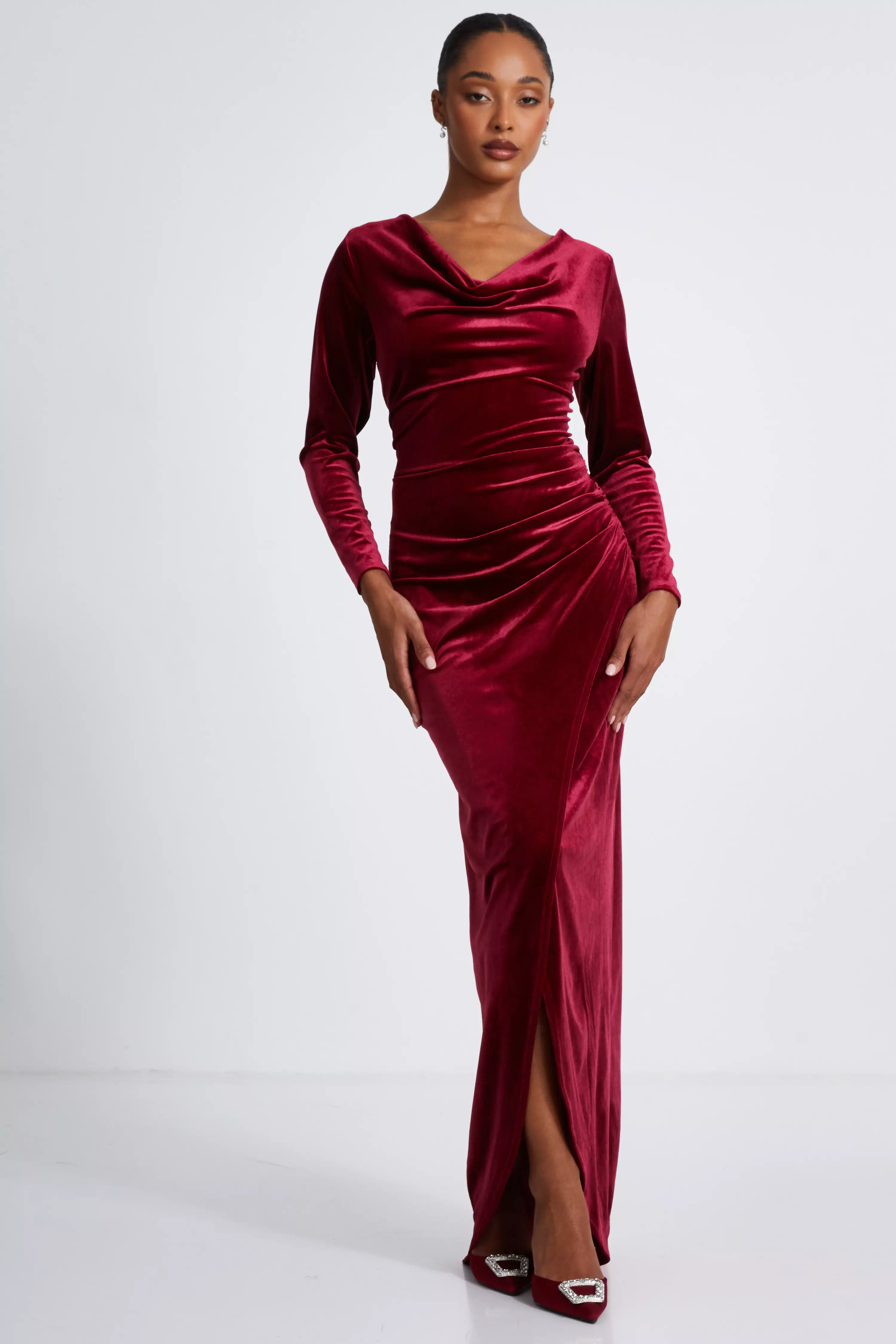 Dark Red Velvet Cowl Neck Maxi Dress