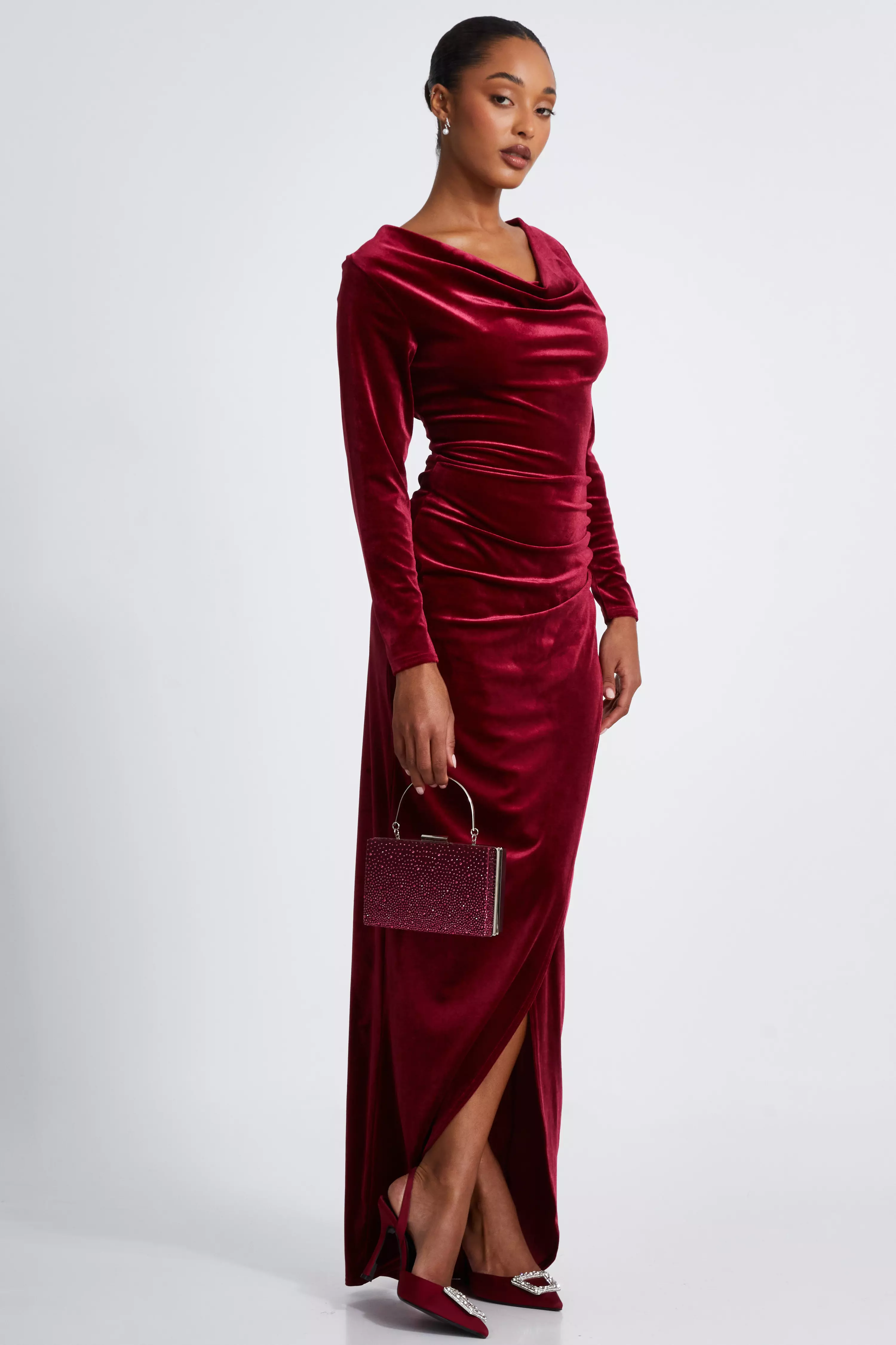 Dark Red Velvet Cowl Neck Maxi Dress