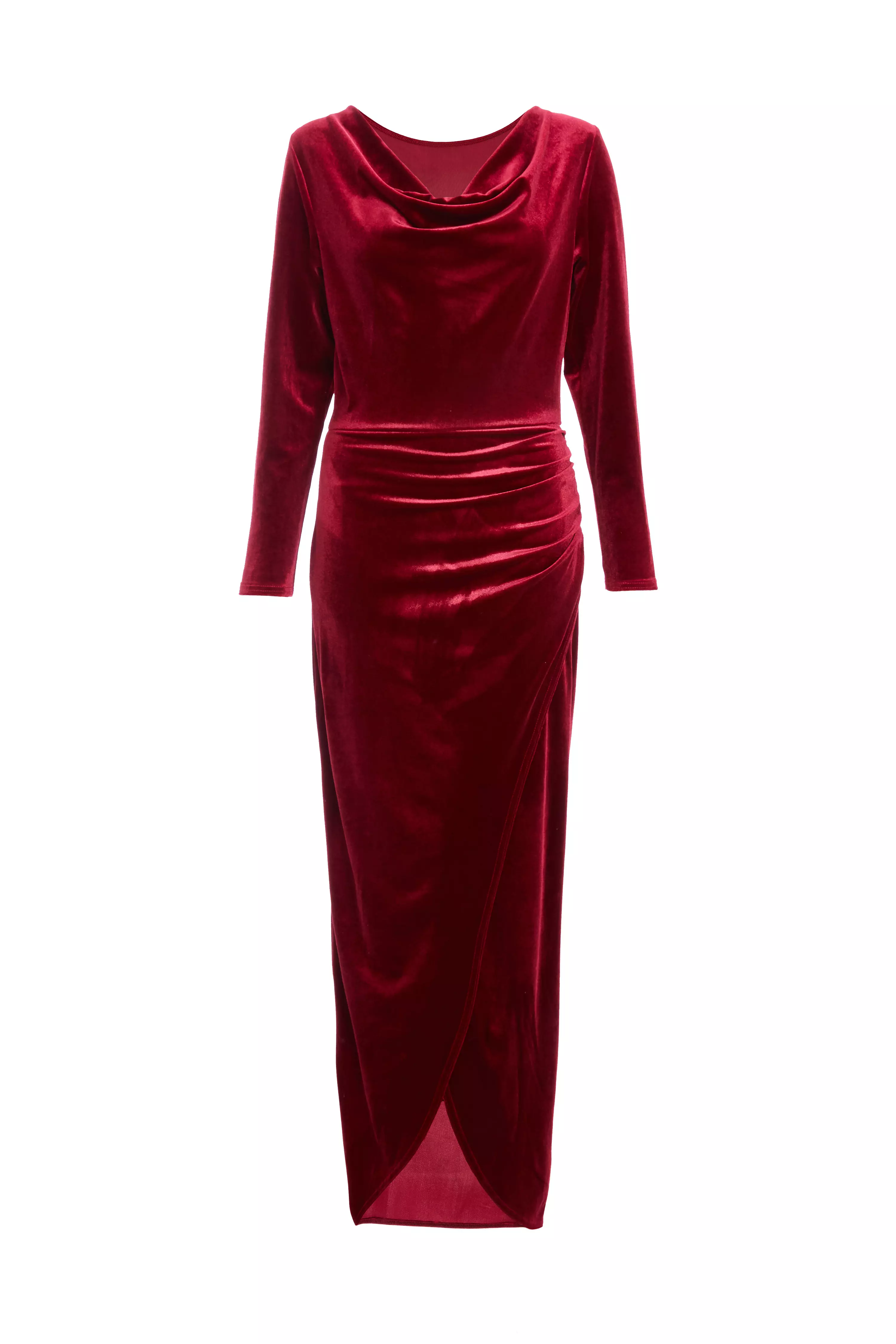 Dark Red Velvet Cowl Neck Maxi Dress