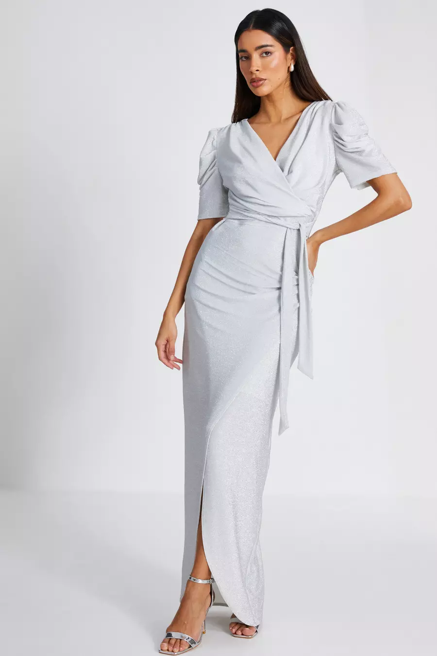 Quiz black and silver wrap dress best sale