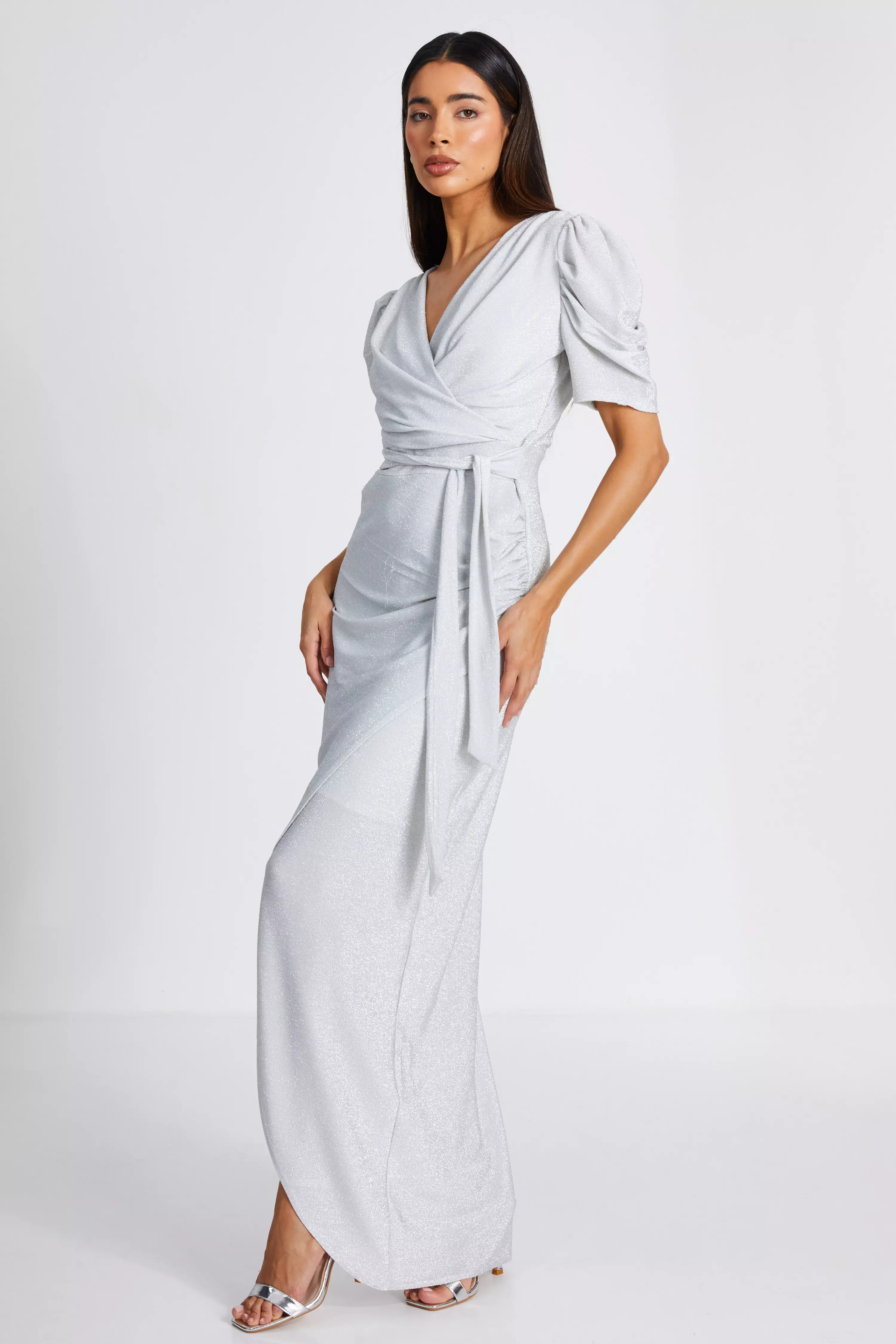 Silver Glitter Wrap Maxi Dress