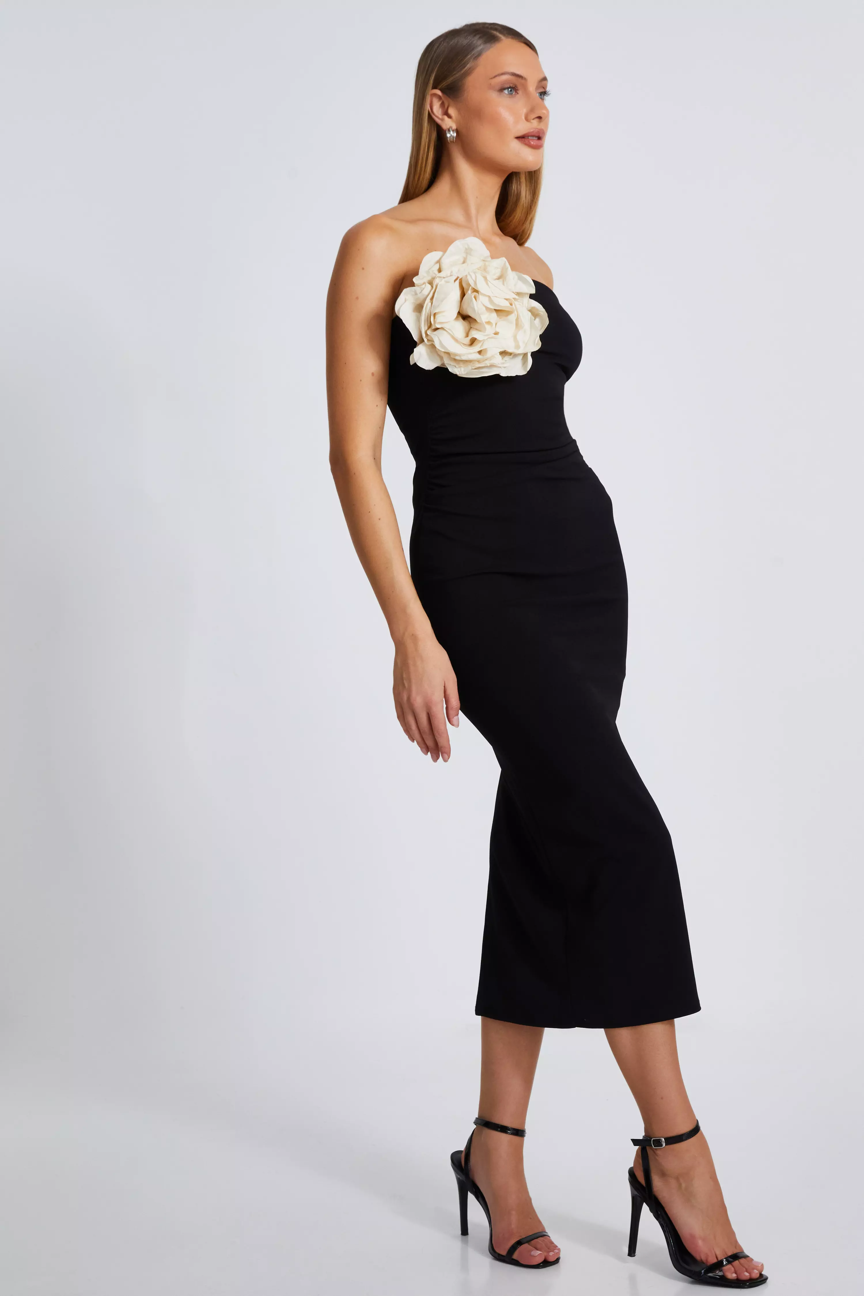 Black Flower Embellished Midaxi Dress