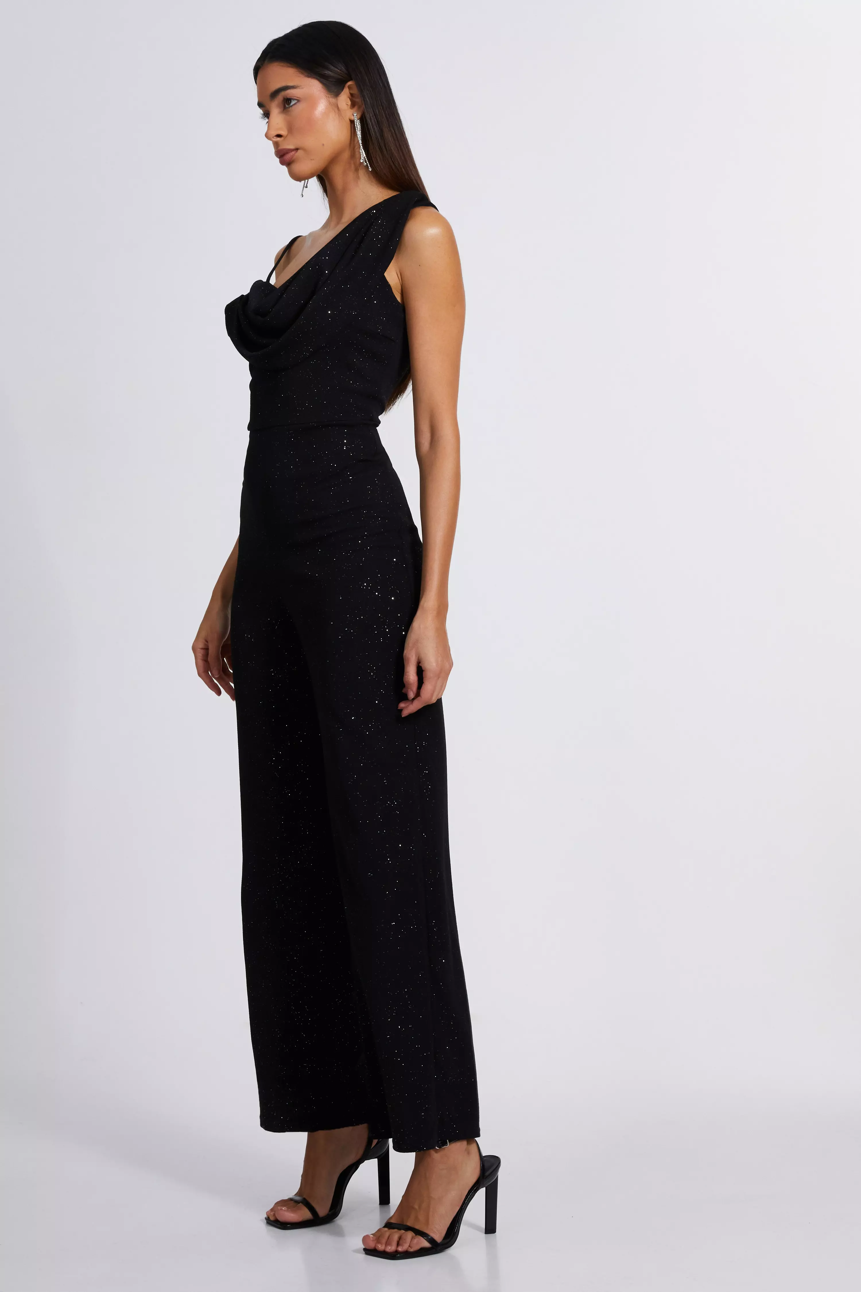 Black Glitter Cowl Neck Jumpsuit