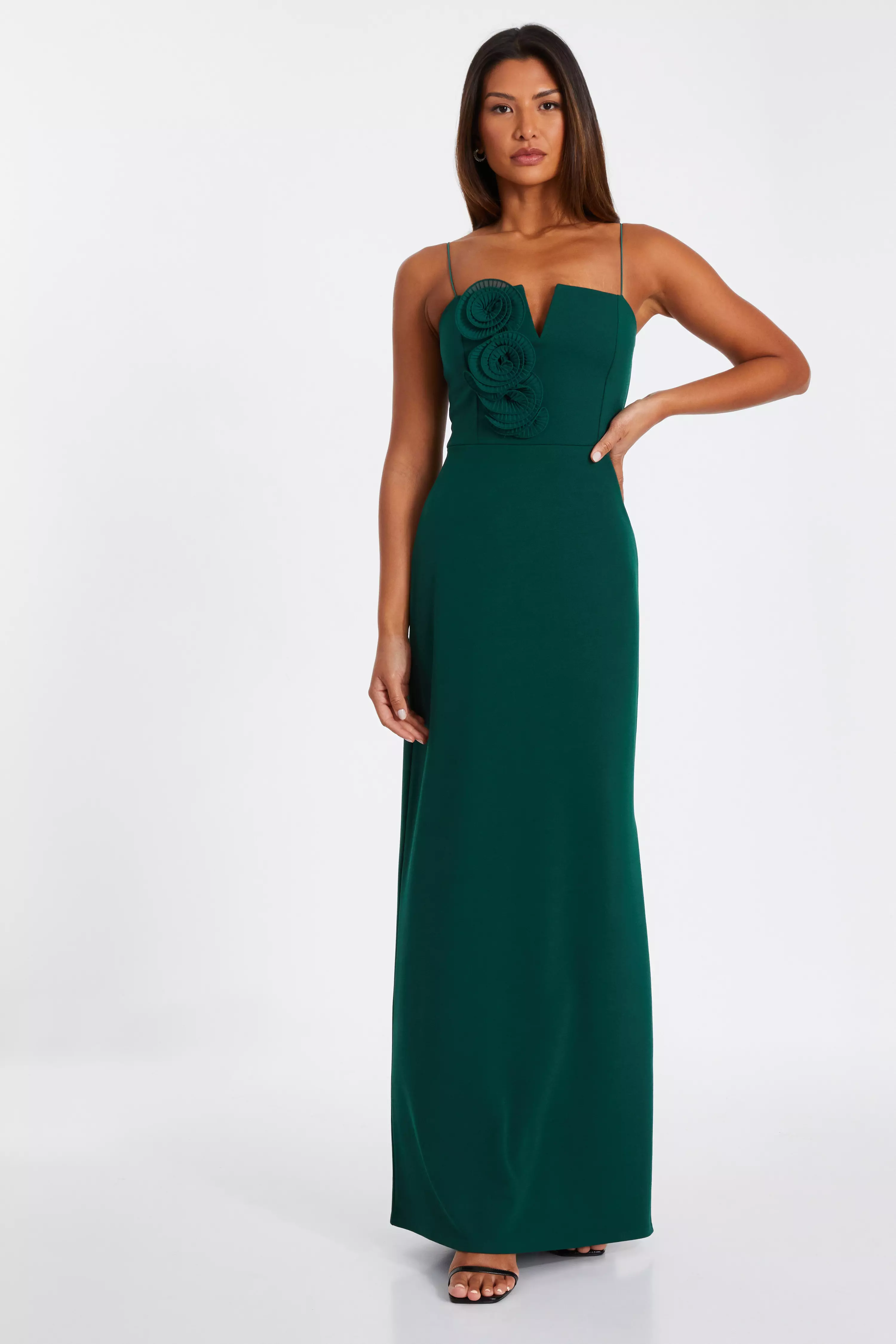 Bottle Green Floral Applique Maxi Dress