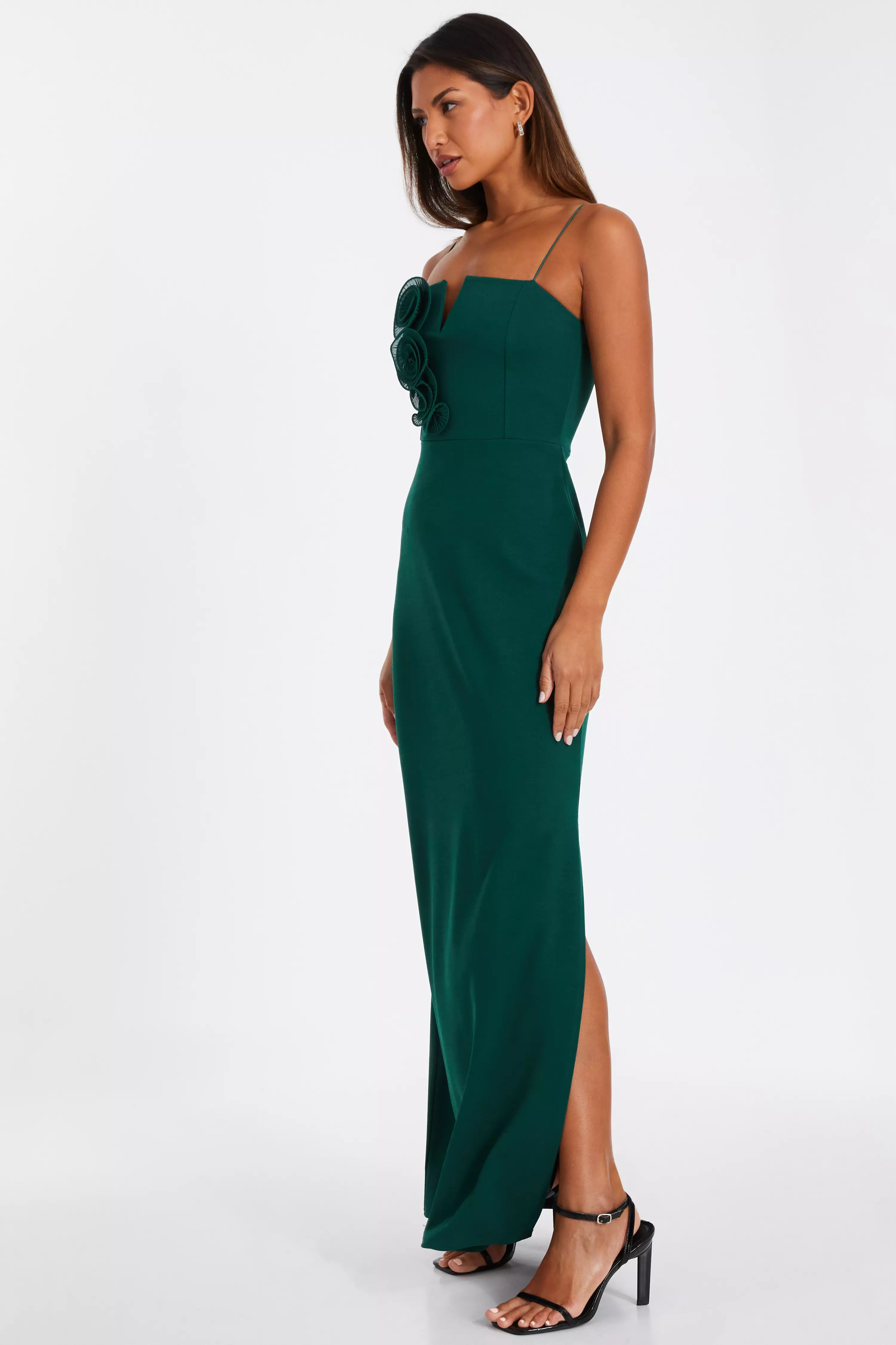 Bottle Green Floral Applique Maxi Dress