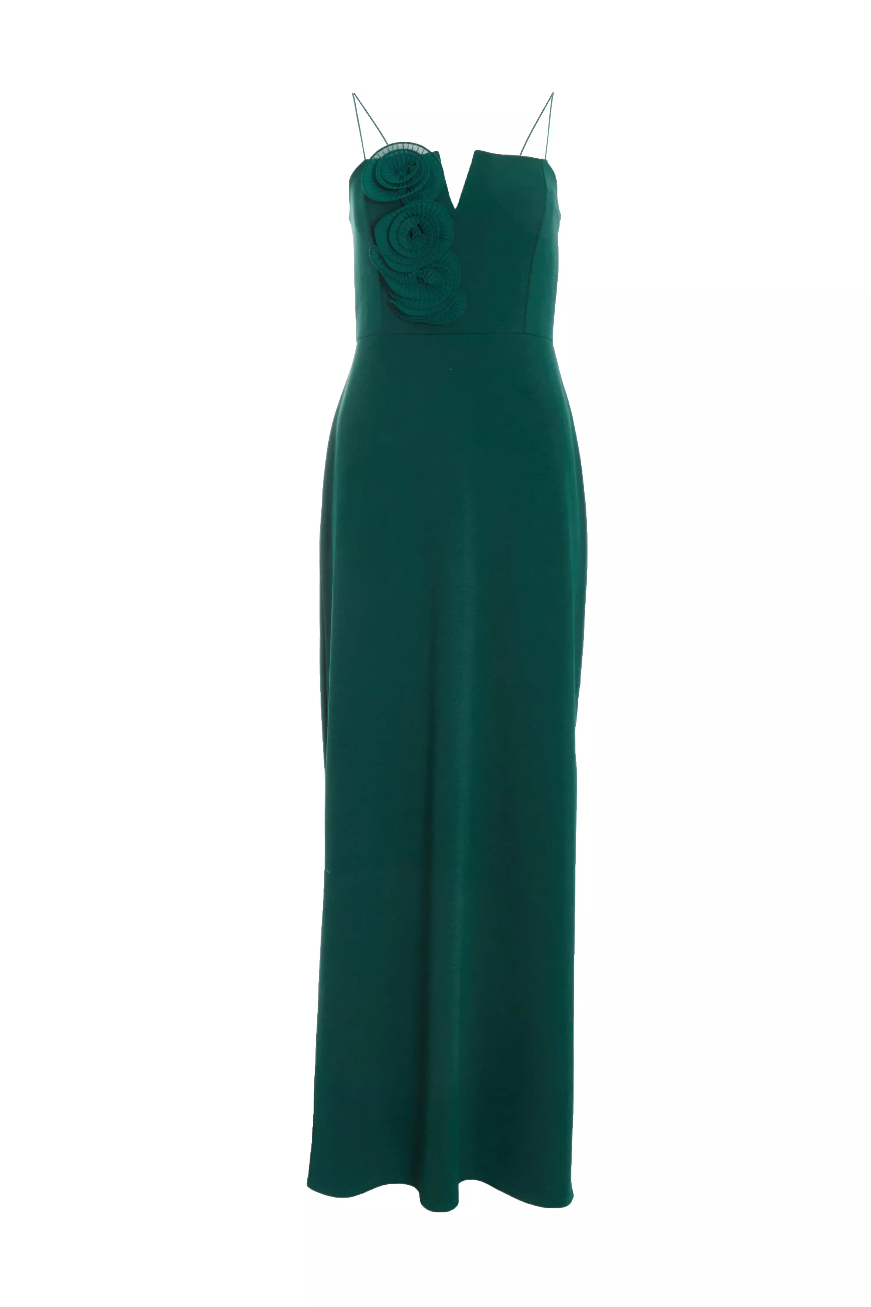 Bottle Green Floral Applique Maxi Dress