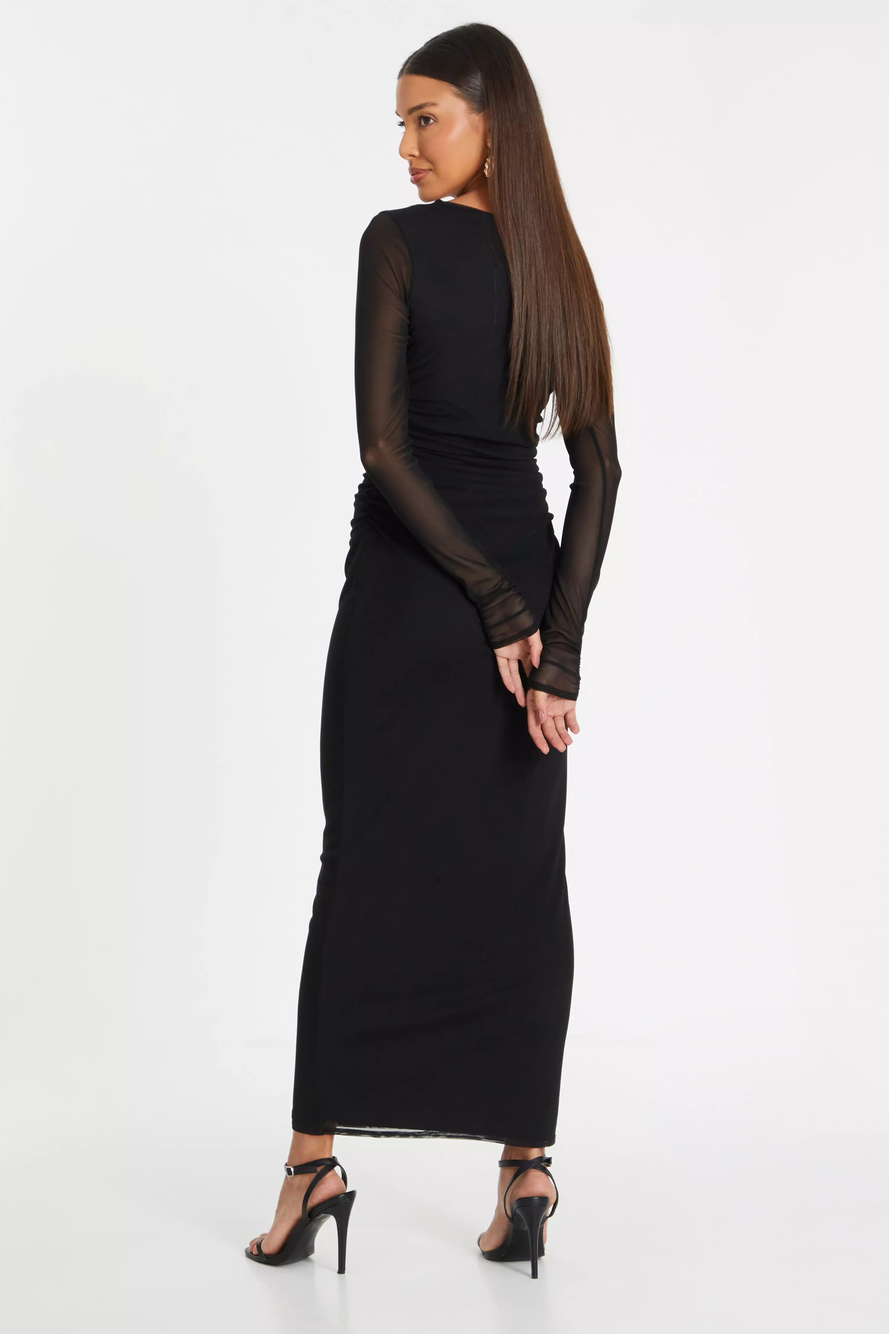 Black Mesh Ruched Midaxi Dress