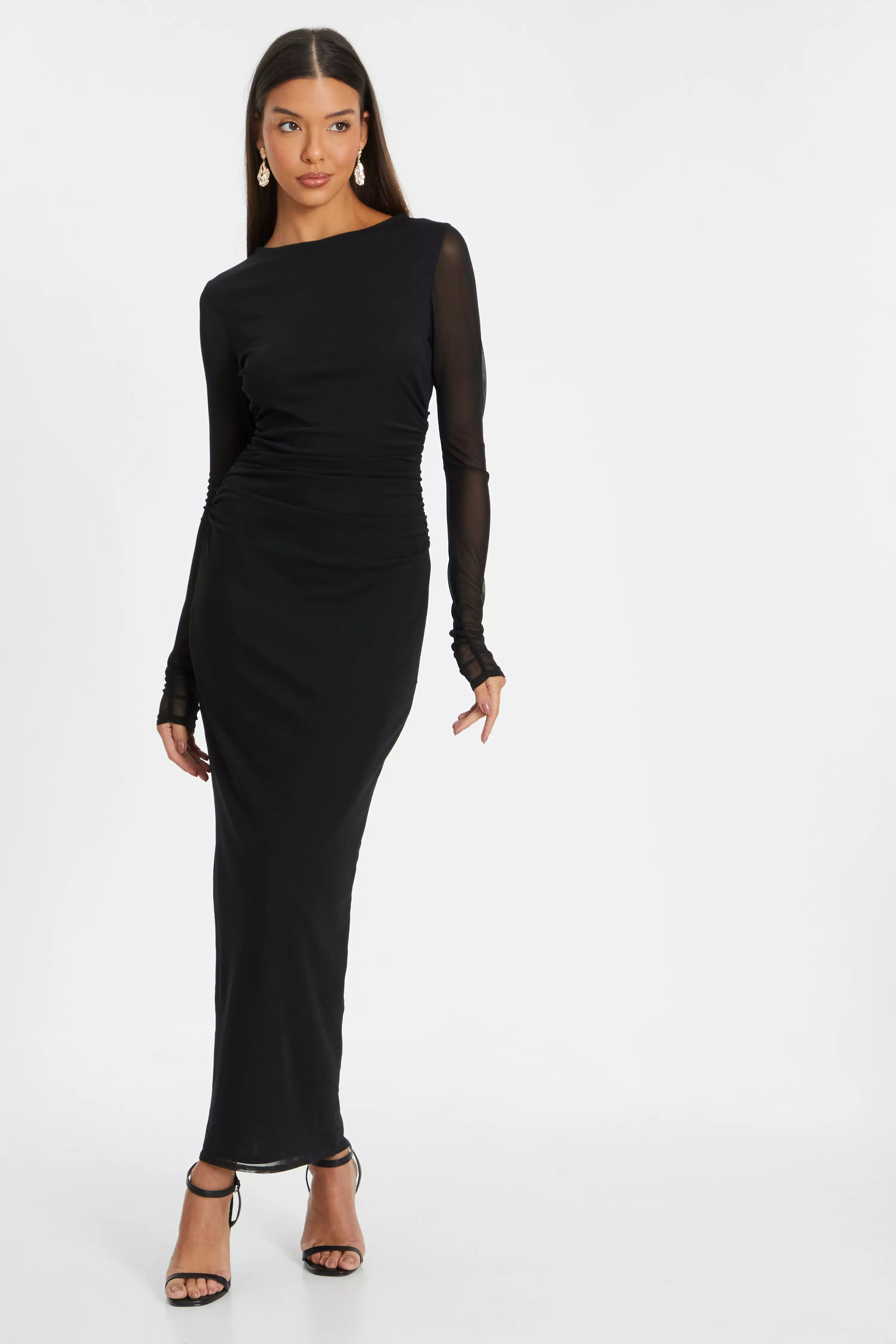 Black Mesh Ruched Midaxi Dress