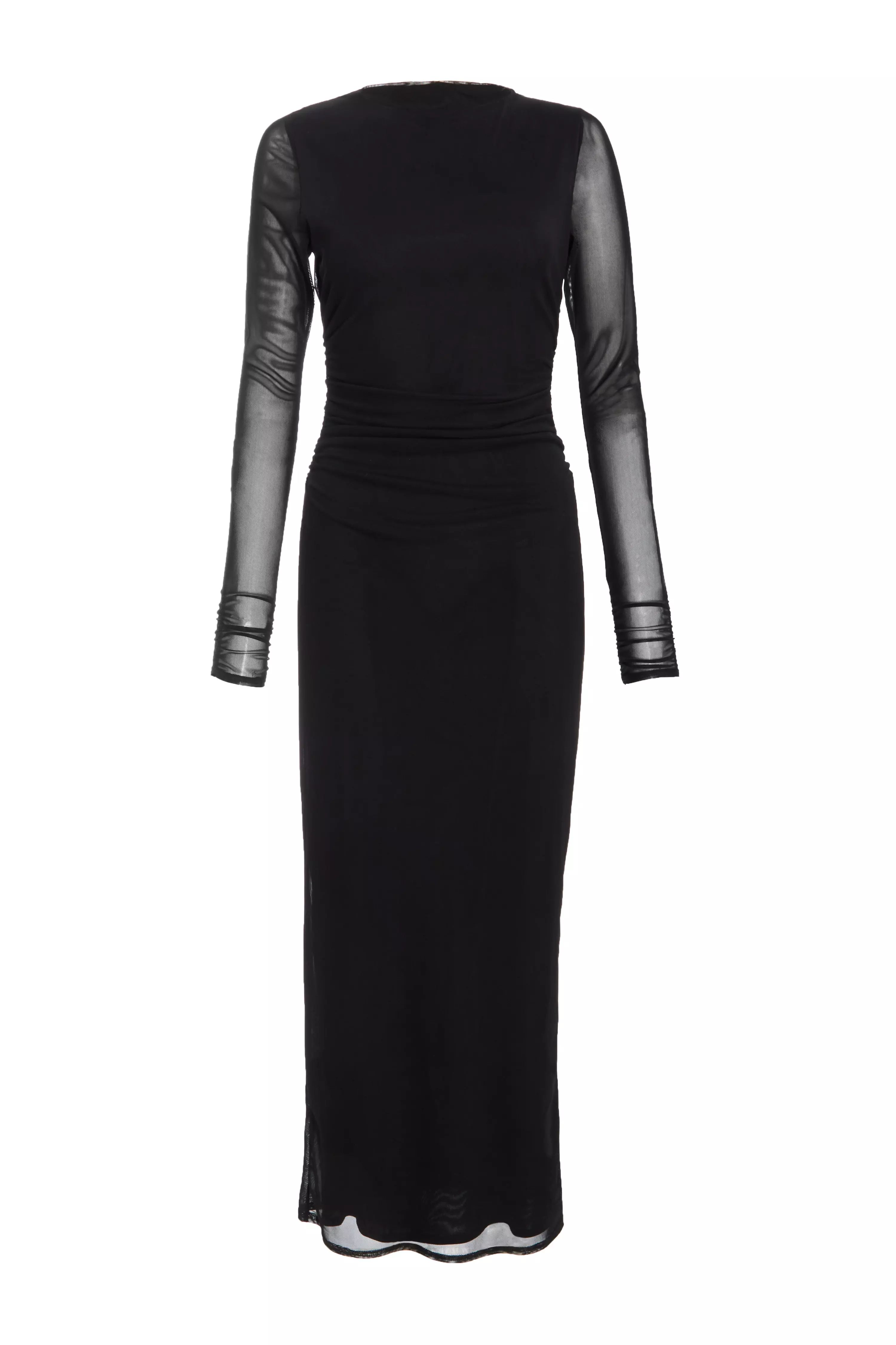 Black Mesh Ruched Midaxi Dress