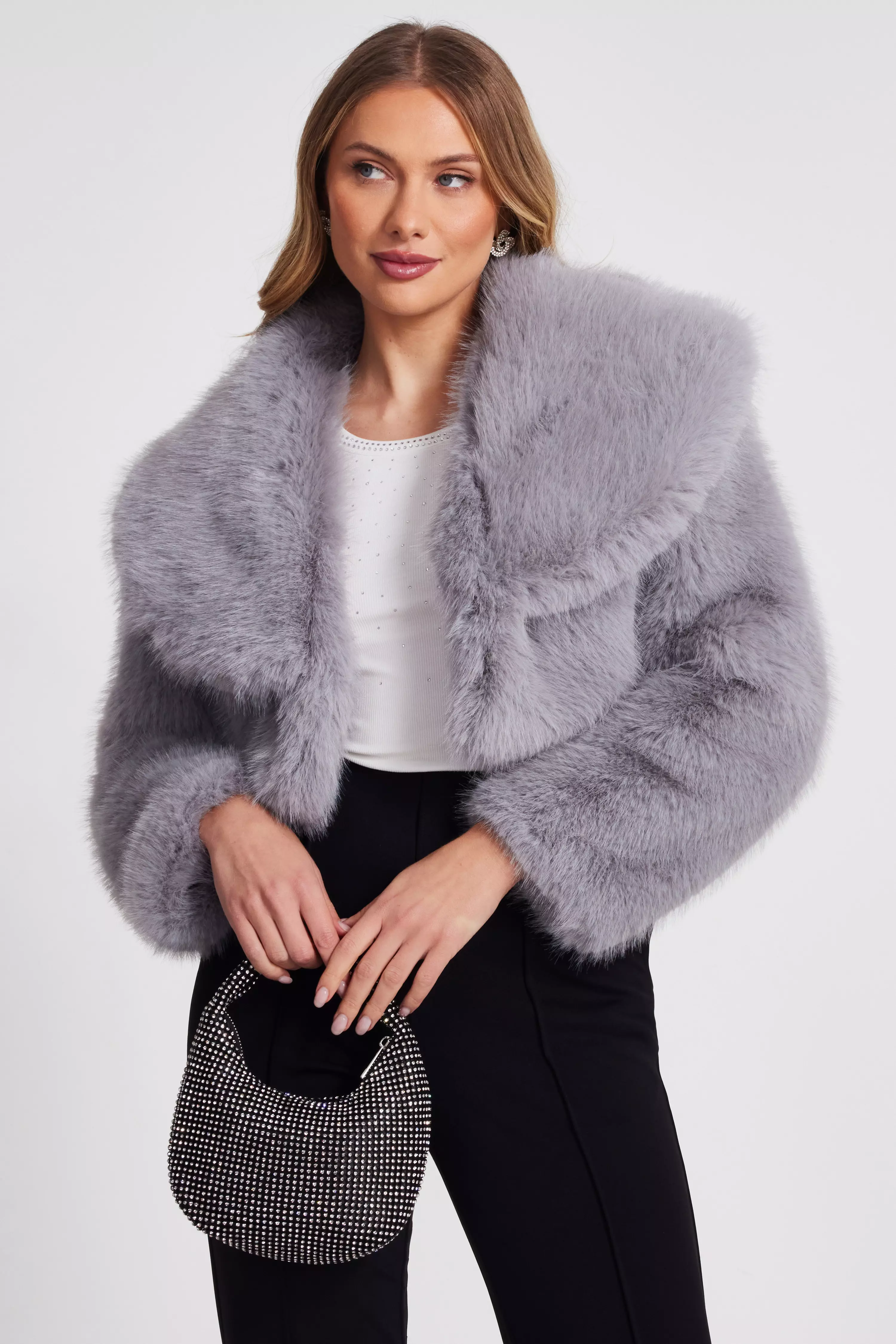 Grey Faux Fur Cropped Jacket