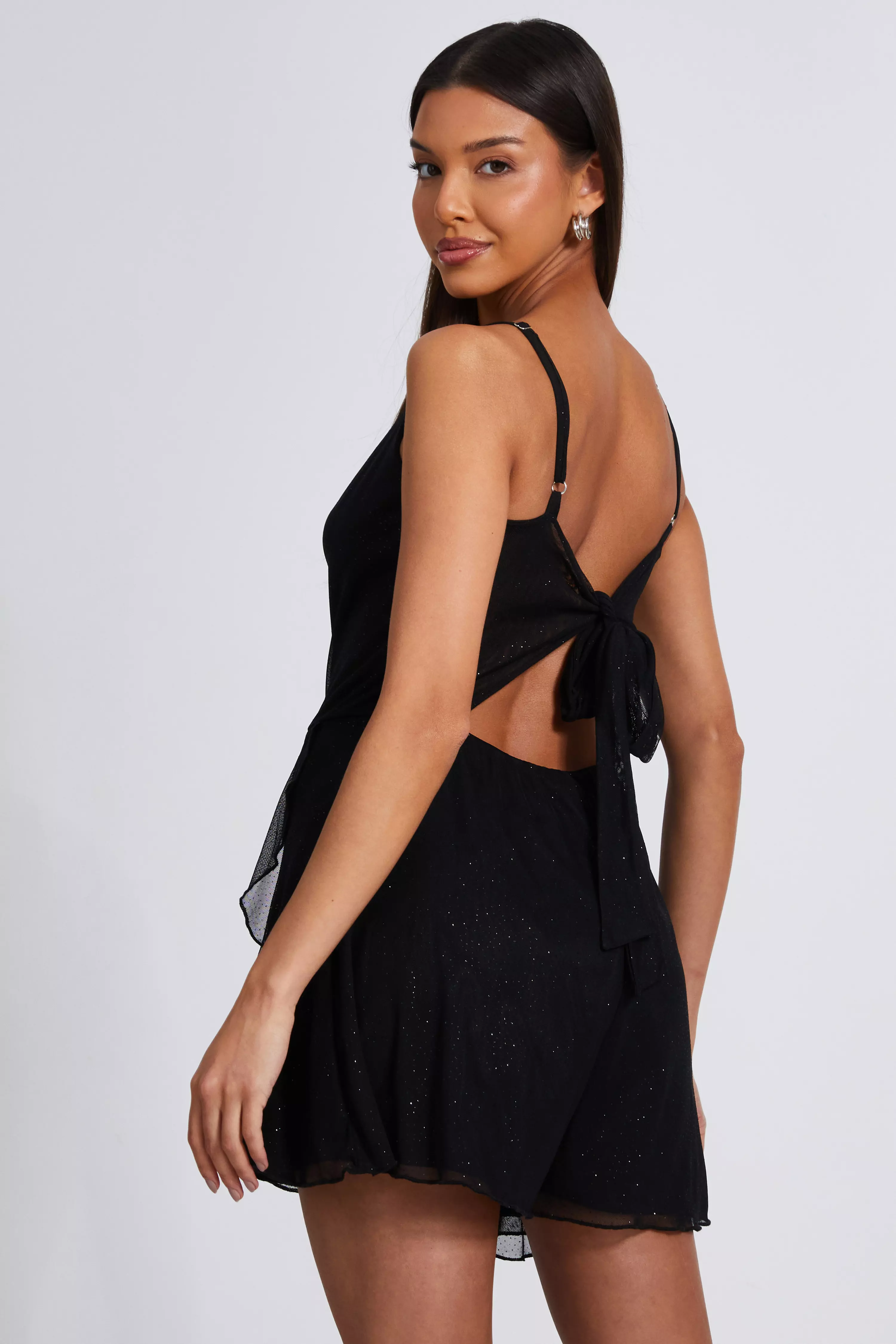 Black Glitter Mesh Skort Playsuit