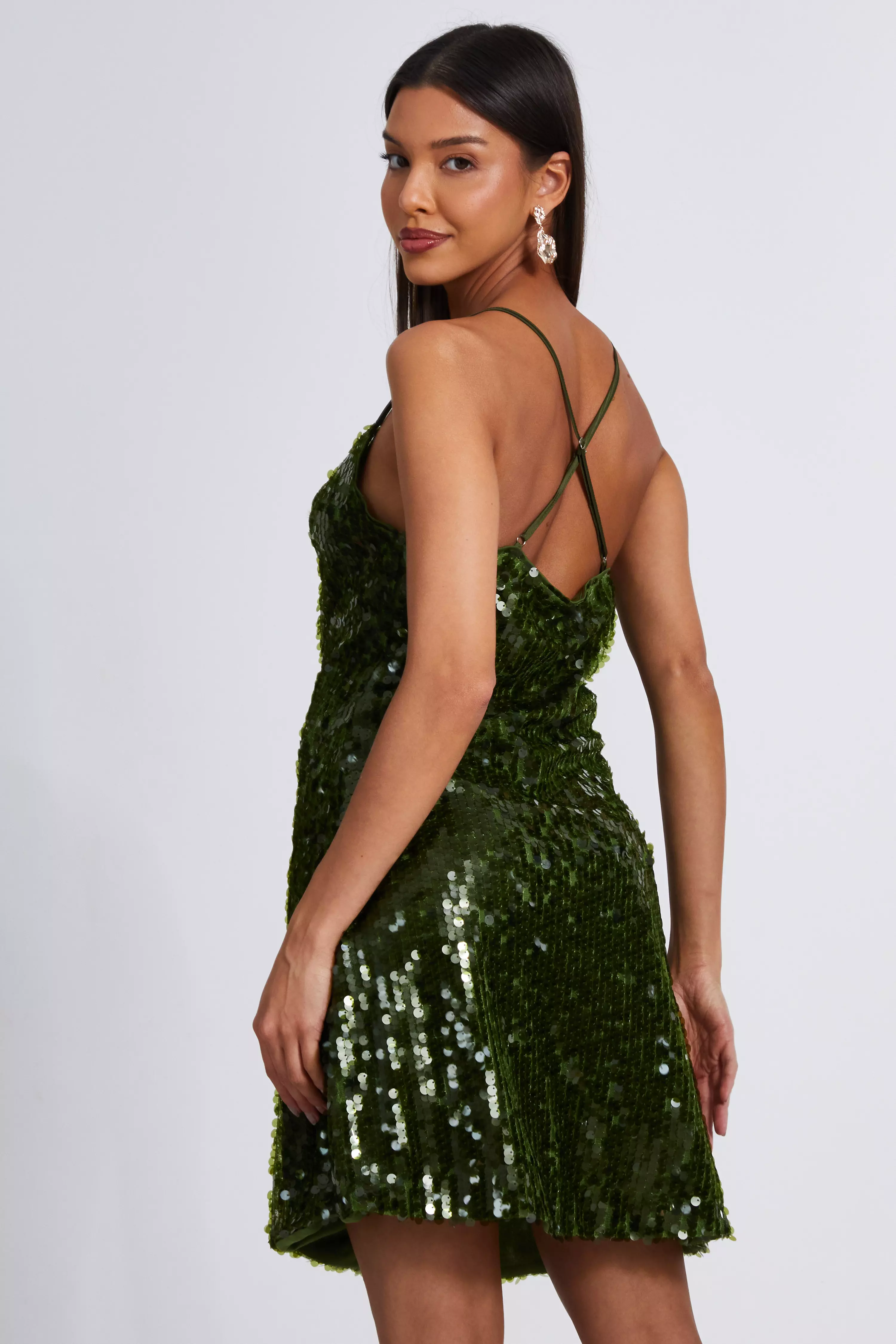 Green Sequin Cowl Mini Dress 