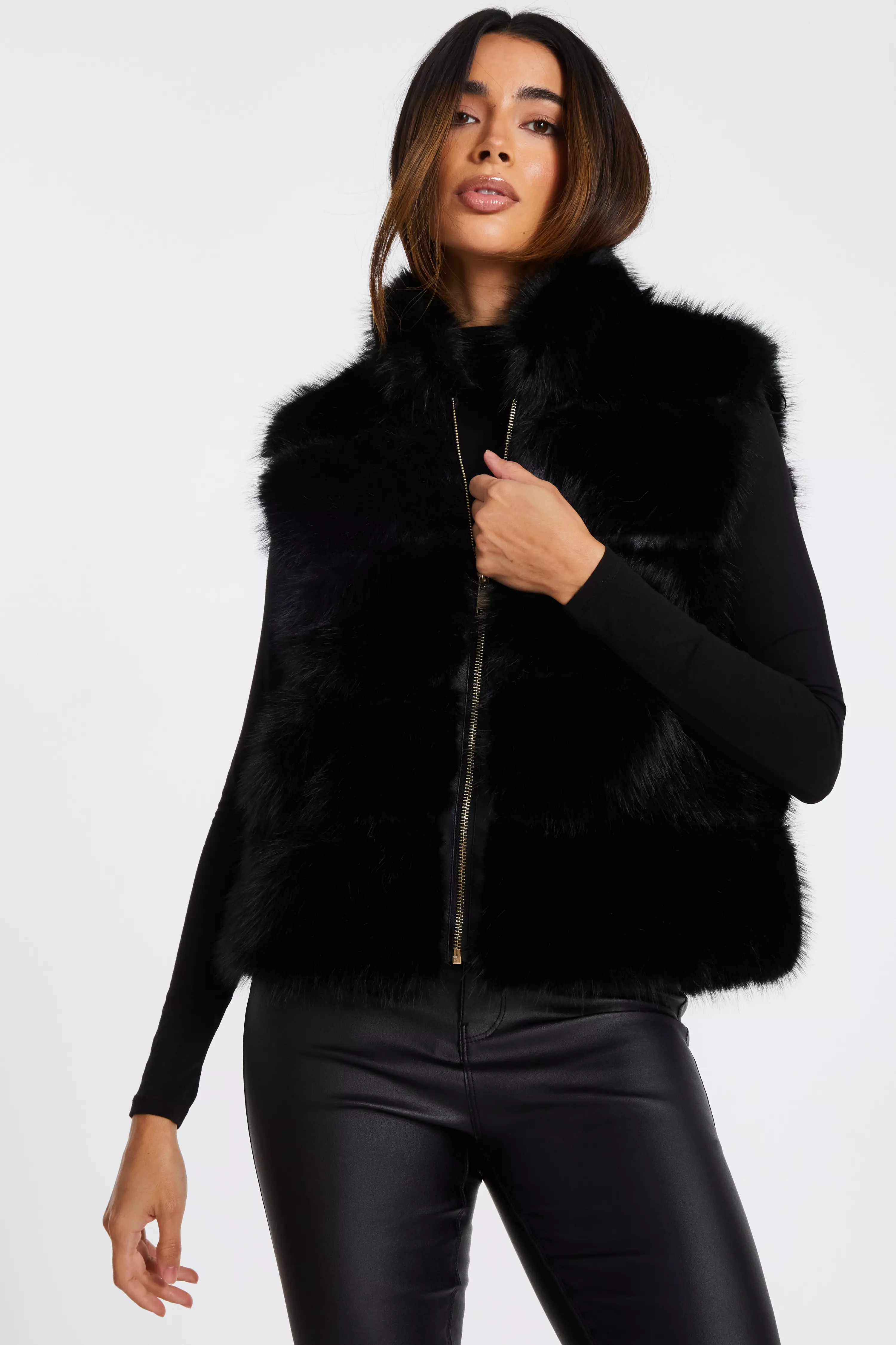 Black Faux Fur Zip Front Gilet 