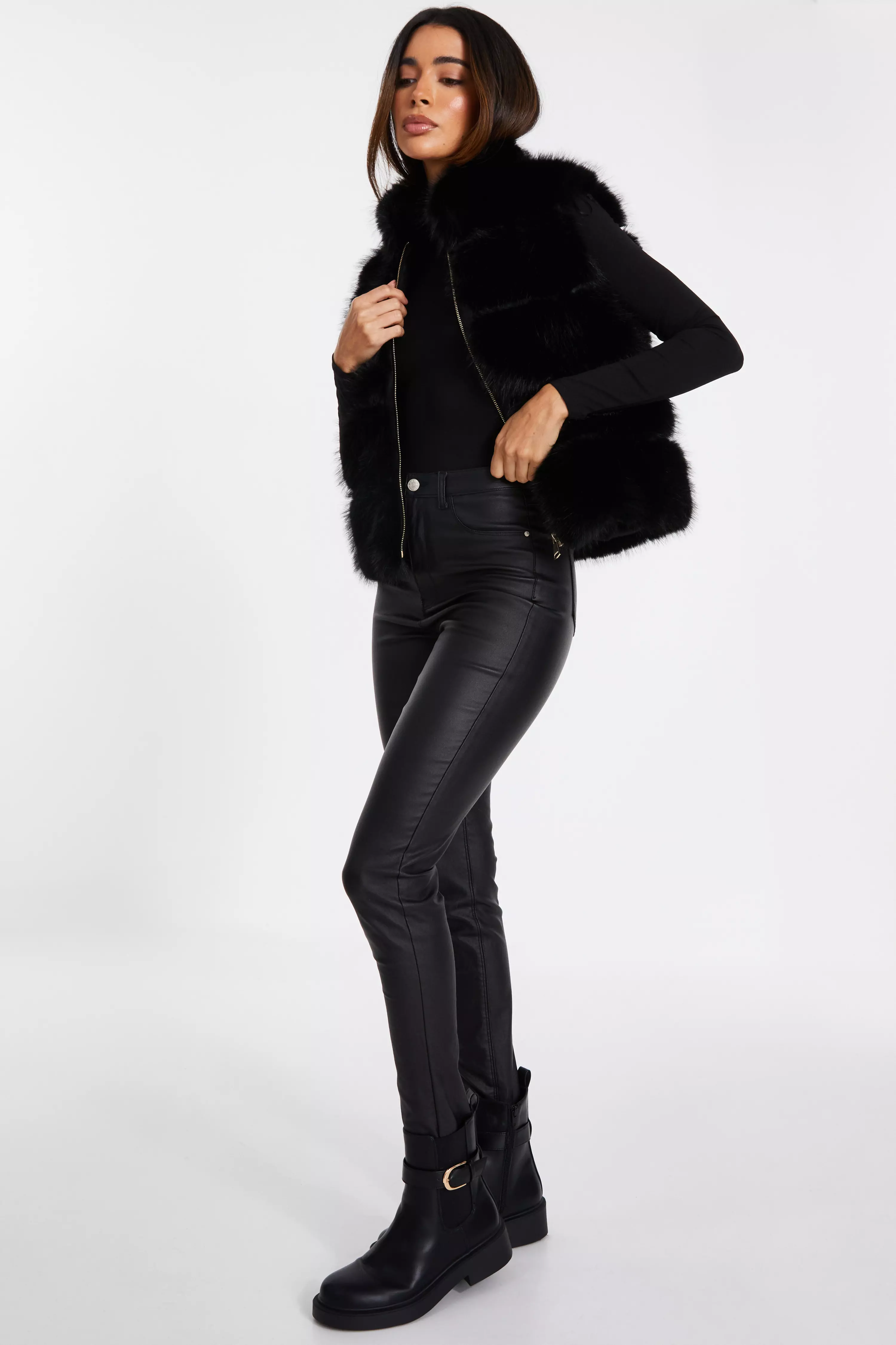 Black Faux Fur Zip Front Gilet 