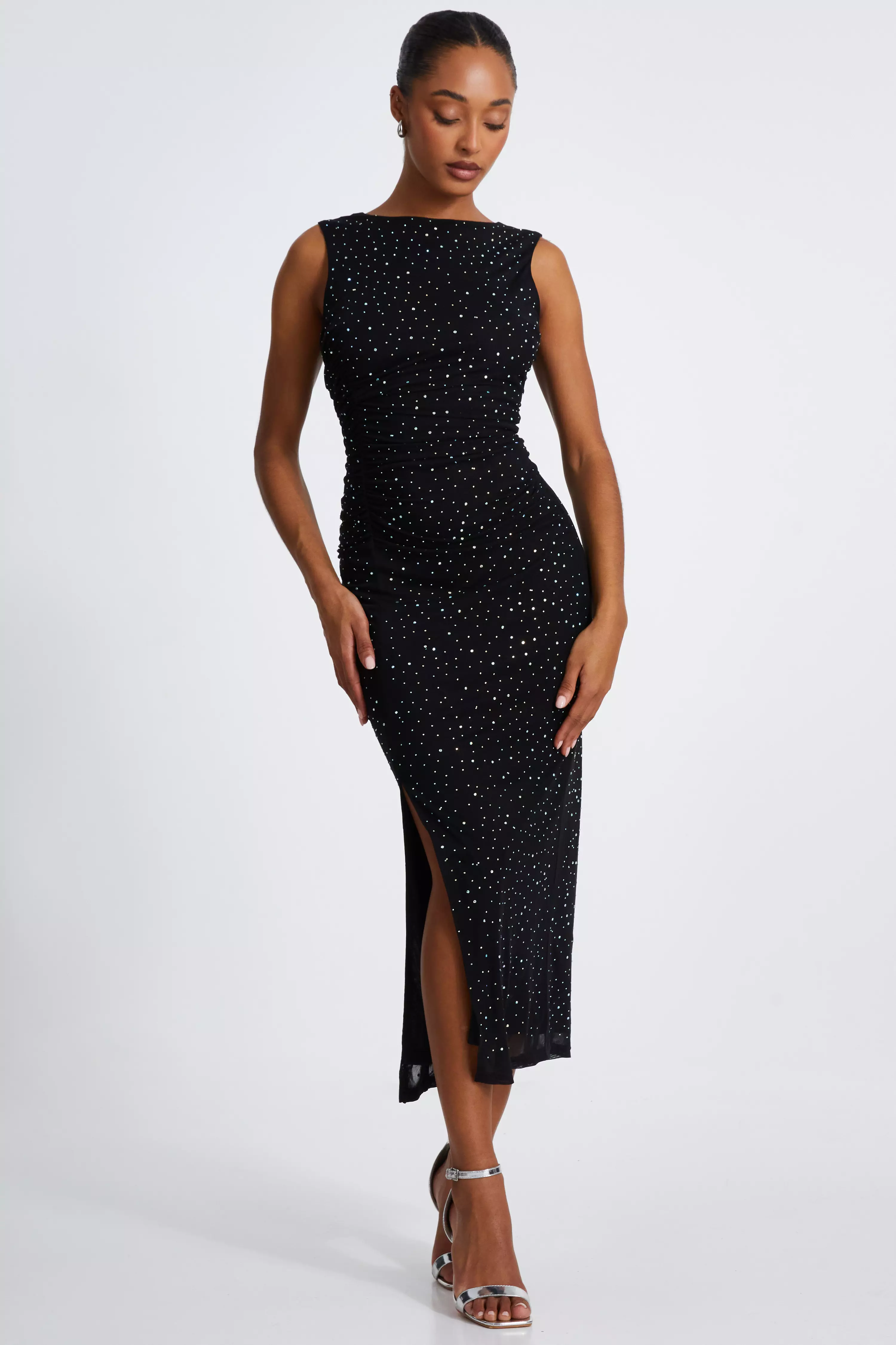 Black Mesh Embellished Midaxi Dress