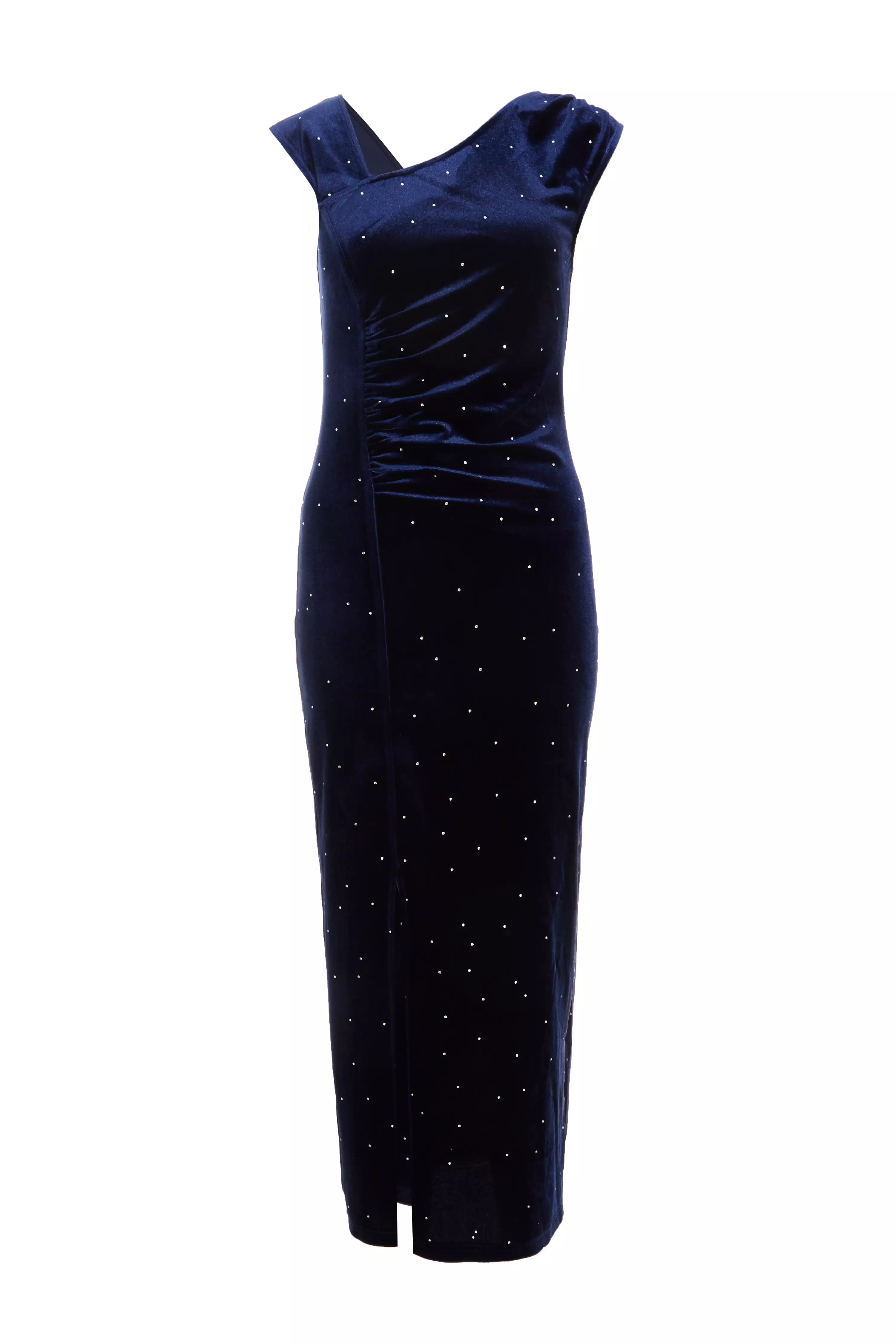 Navy Velvet Embellished Midi Dress