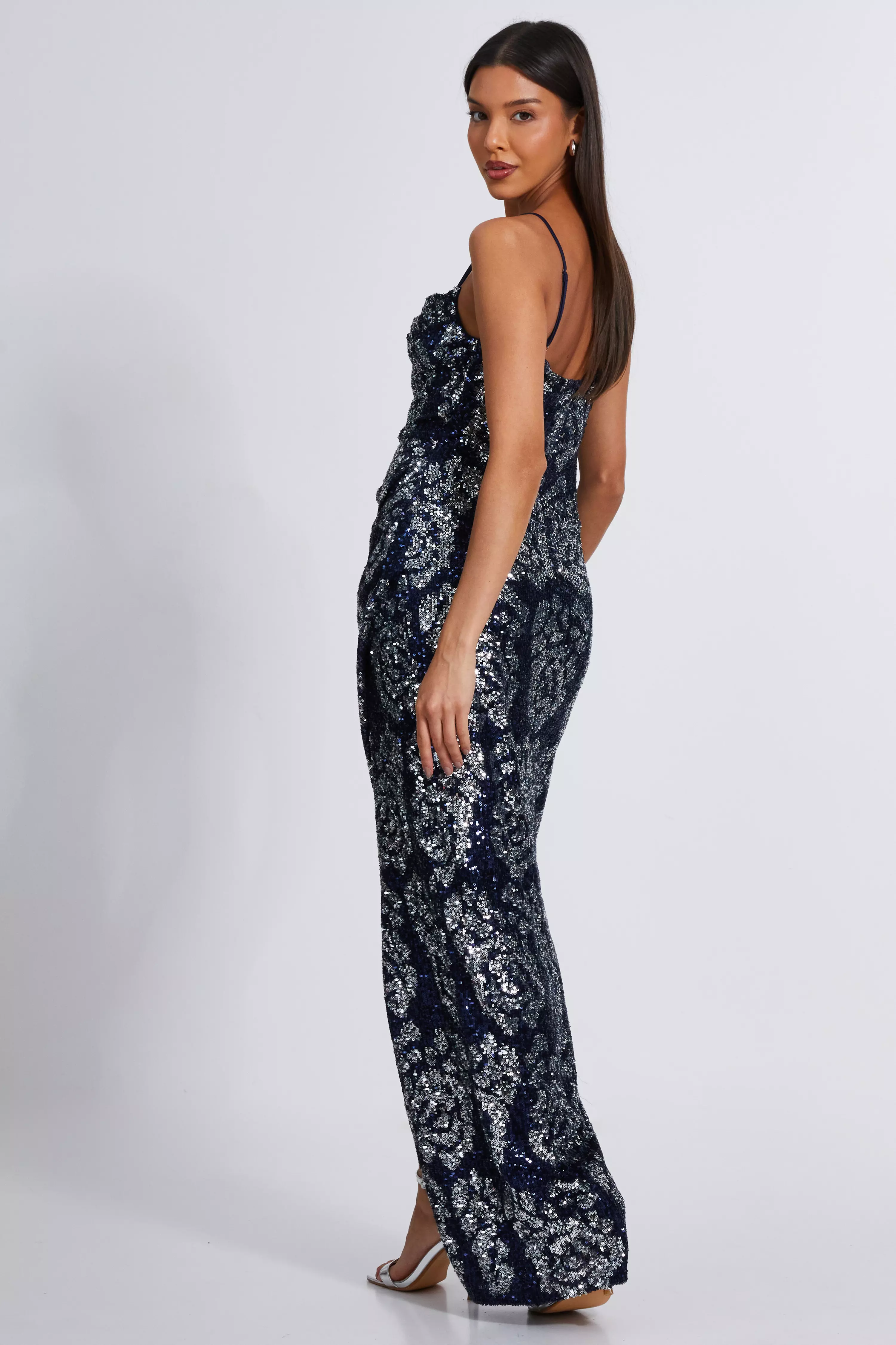 Navy Sequin Floral Maxi Dress