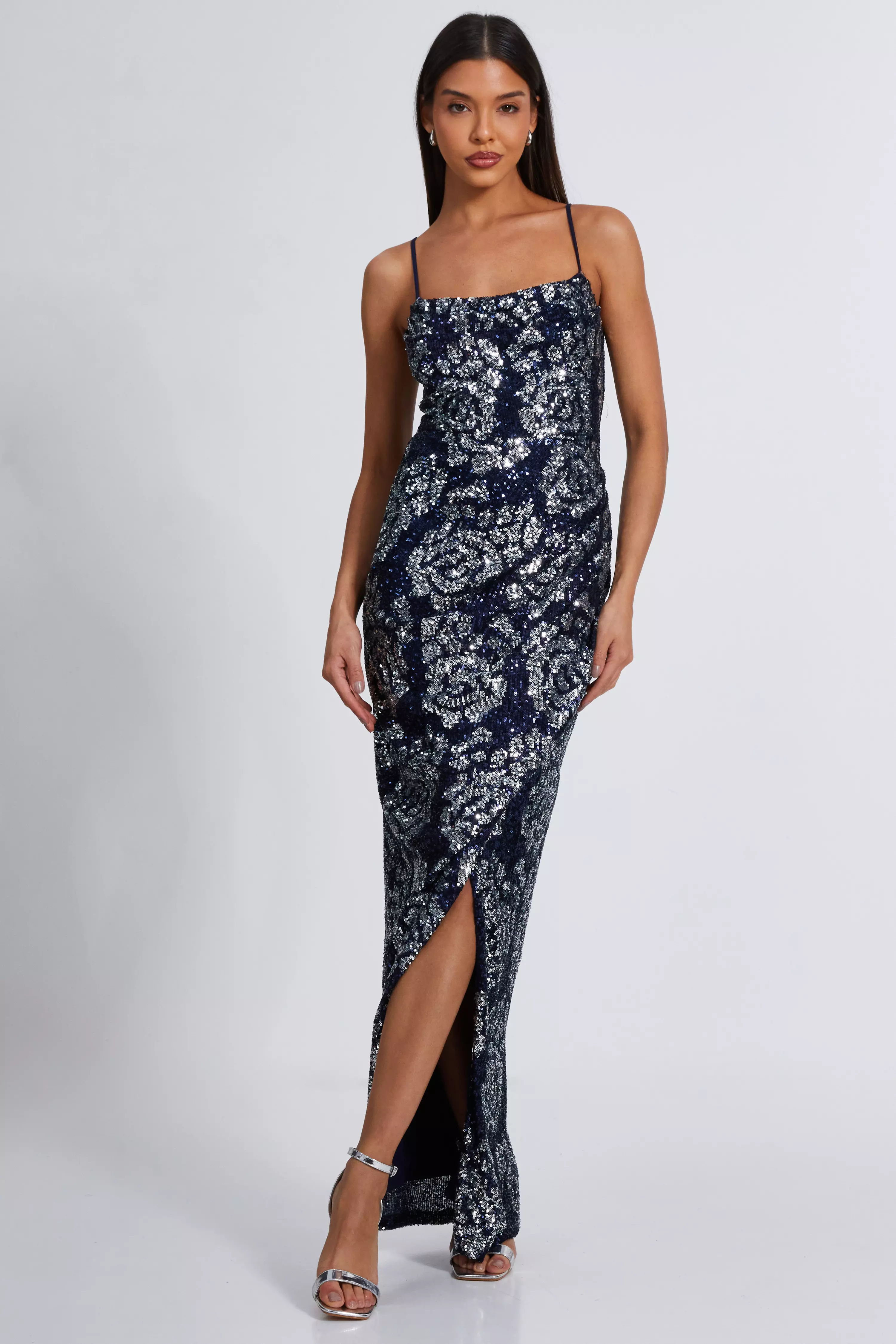 Navy Sequin Floral Maxi Dress