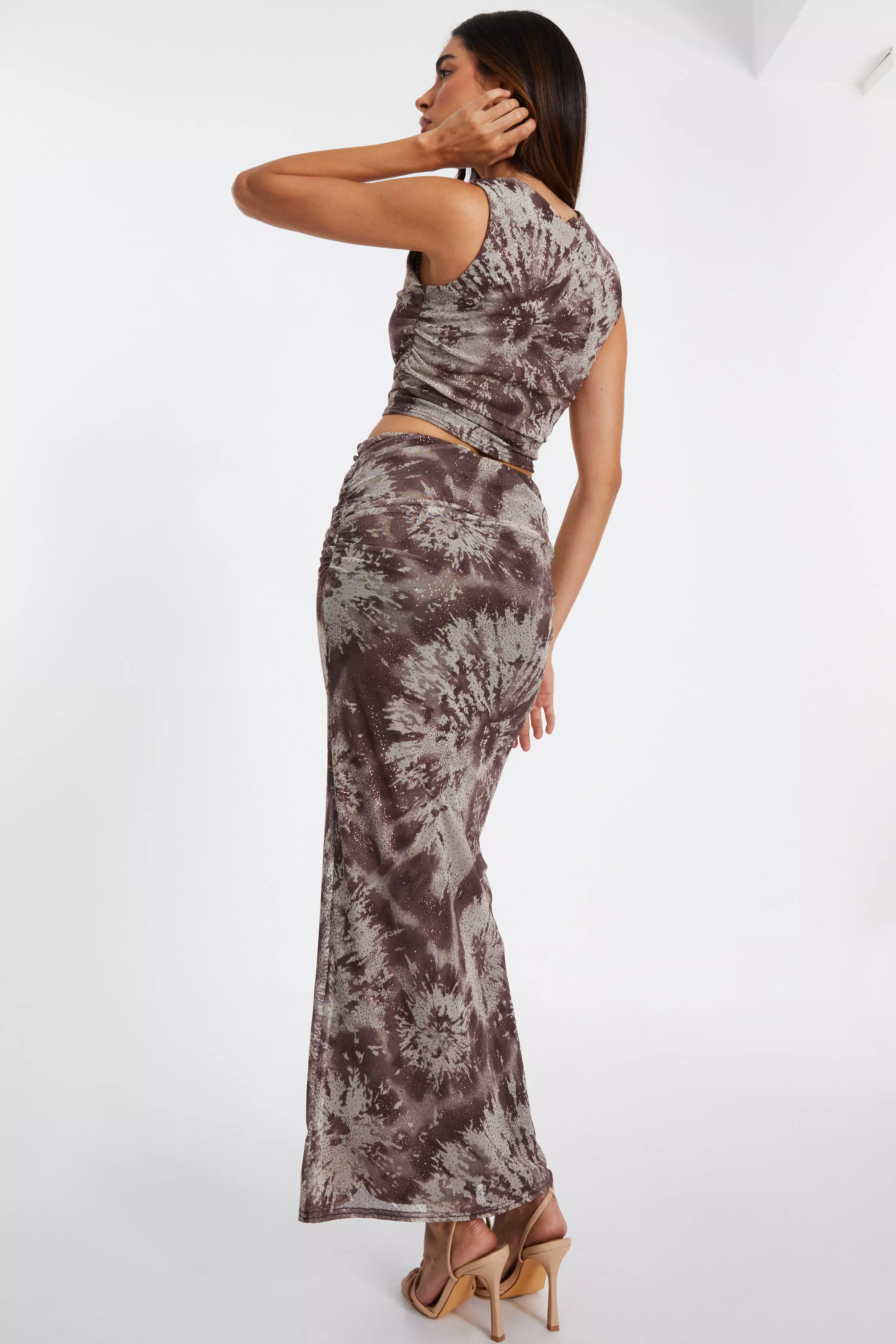 Brown Mesh Marble Print Midaxi Skirt