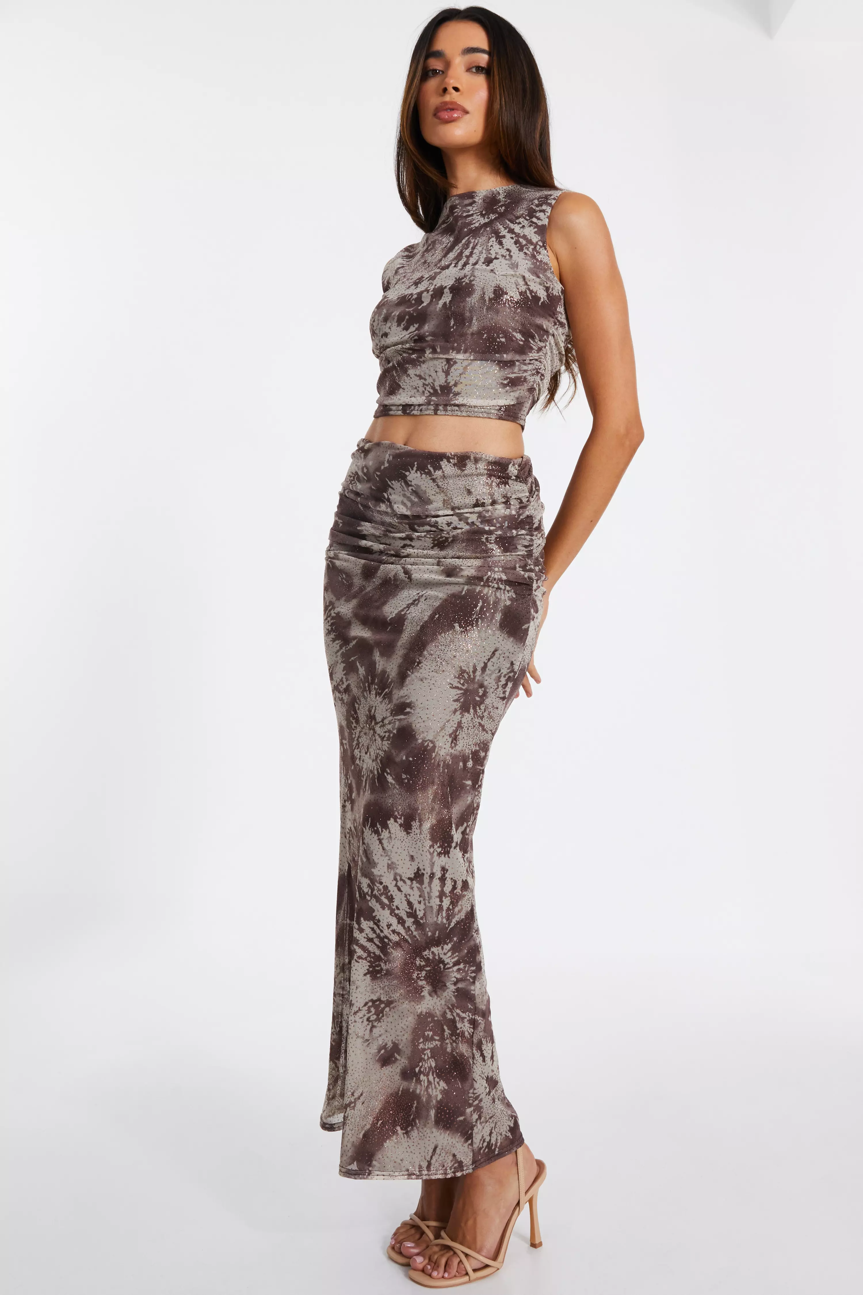 Brown Mesh Marble Print Midaxi Skirt