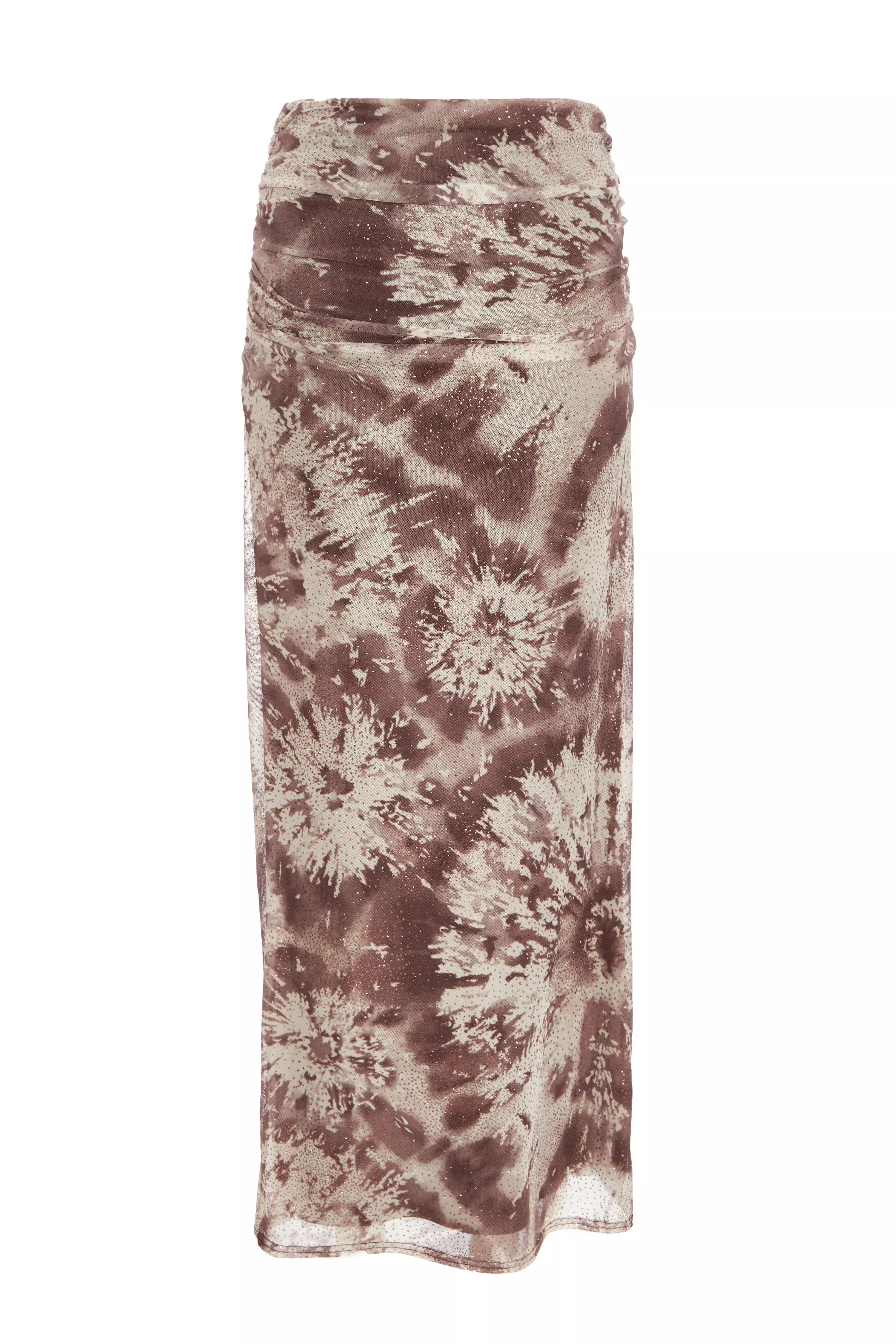 Brown Mesh Marble Print Midaxi Skirt