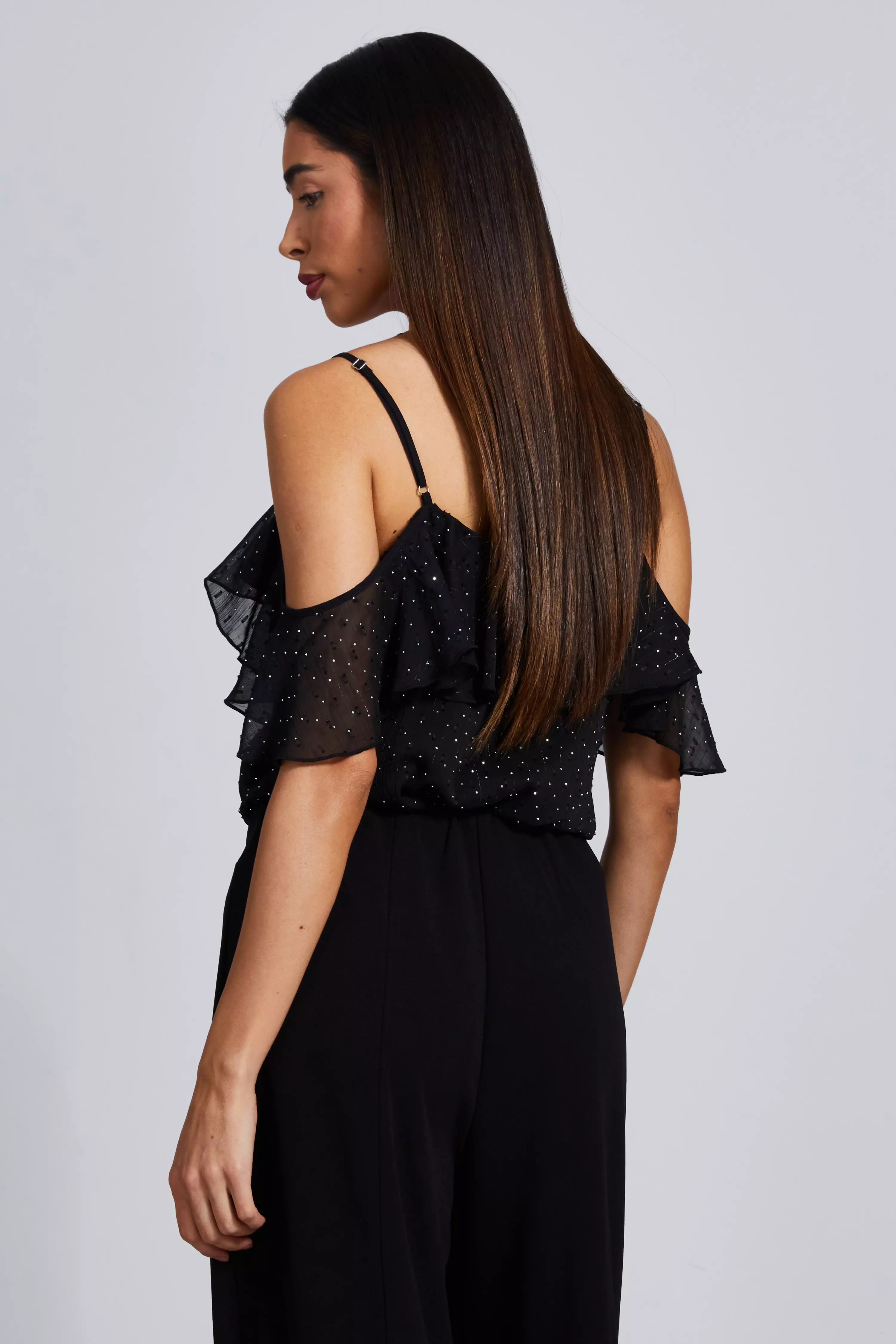 Black Chiffon Cold Shoulder Top