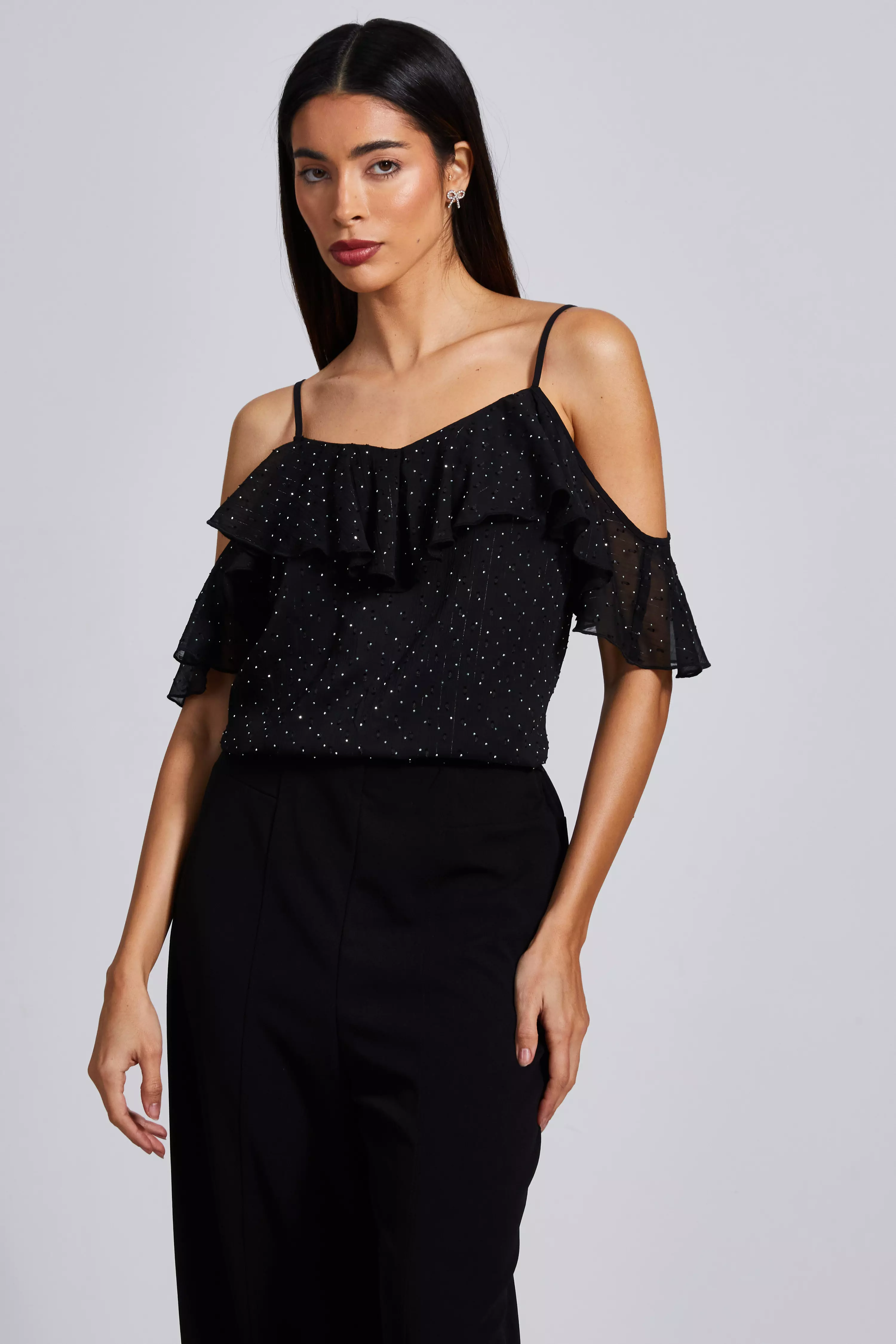 Black Chiffon Cold Shoulder Top