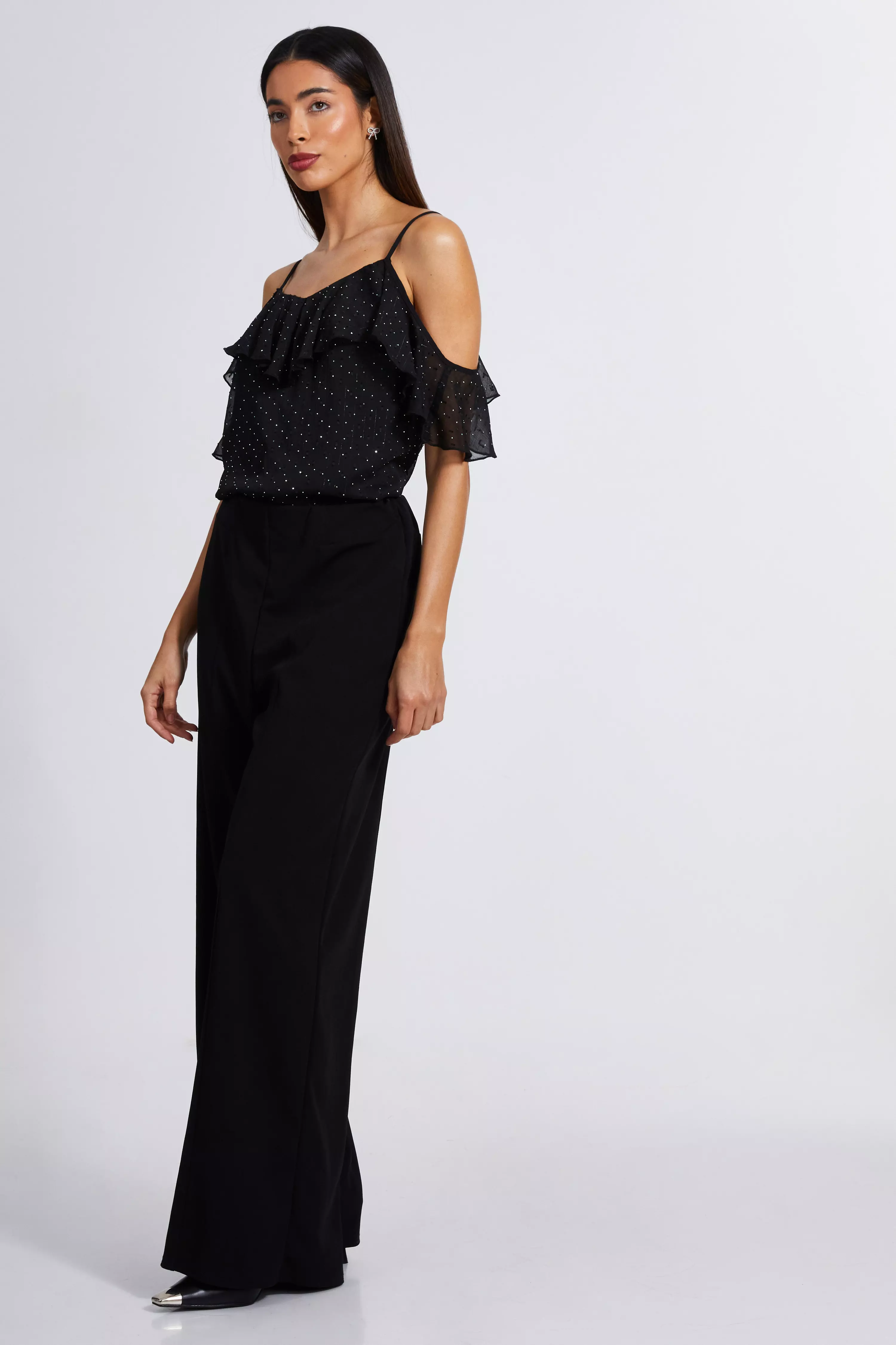 Black Chiffon Cold Shoulder Top