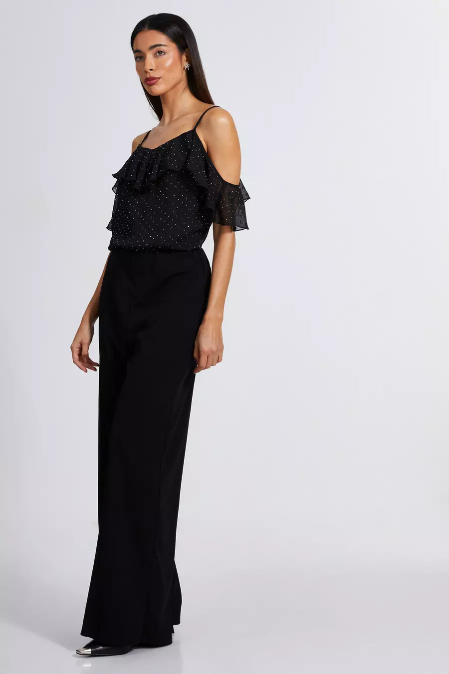 Black chiffon cold shoulder top on sale