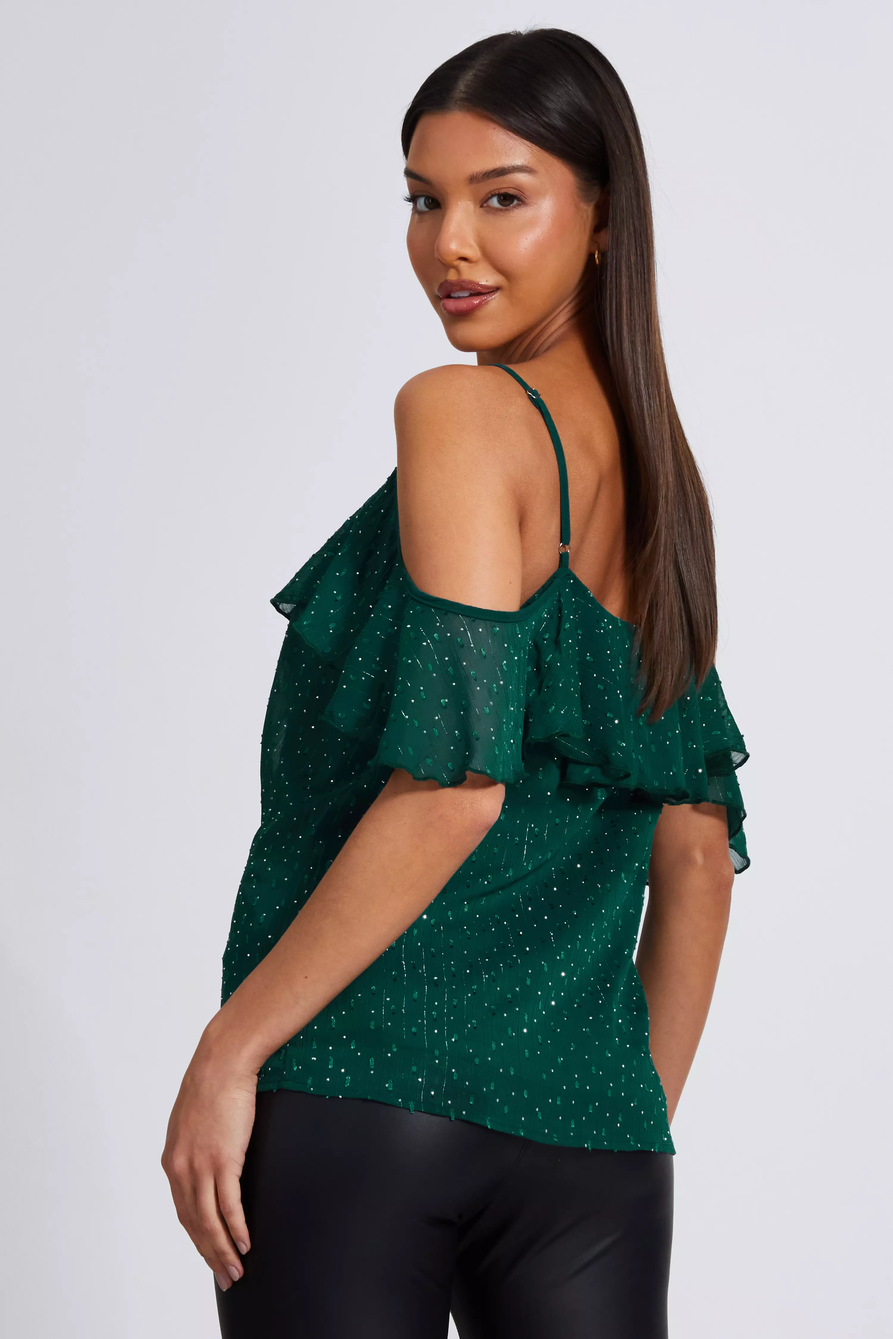 Green Chiffon Cold Shoulder Top