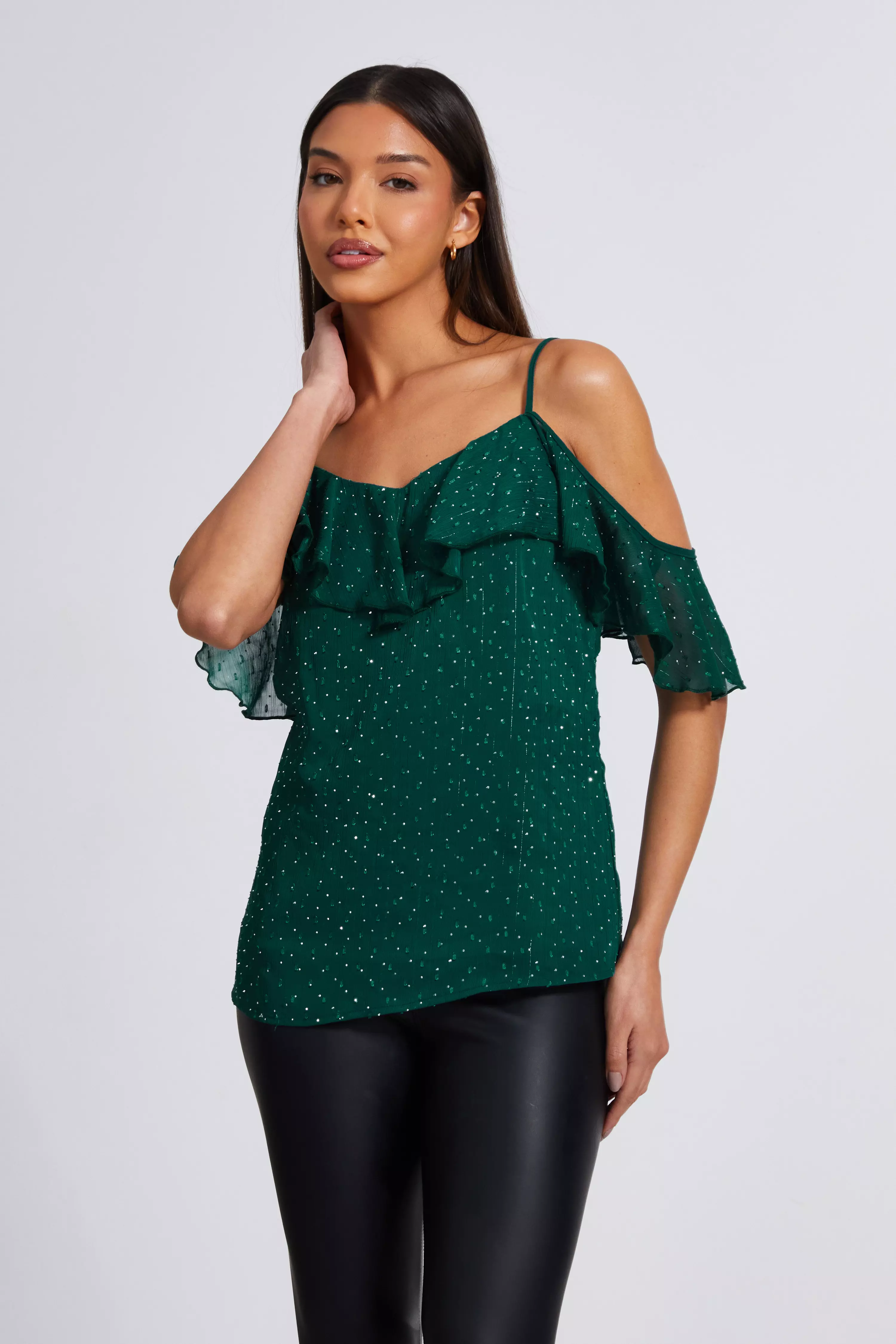 Green Chiffon Cold Shoulder Top