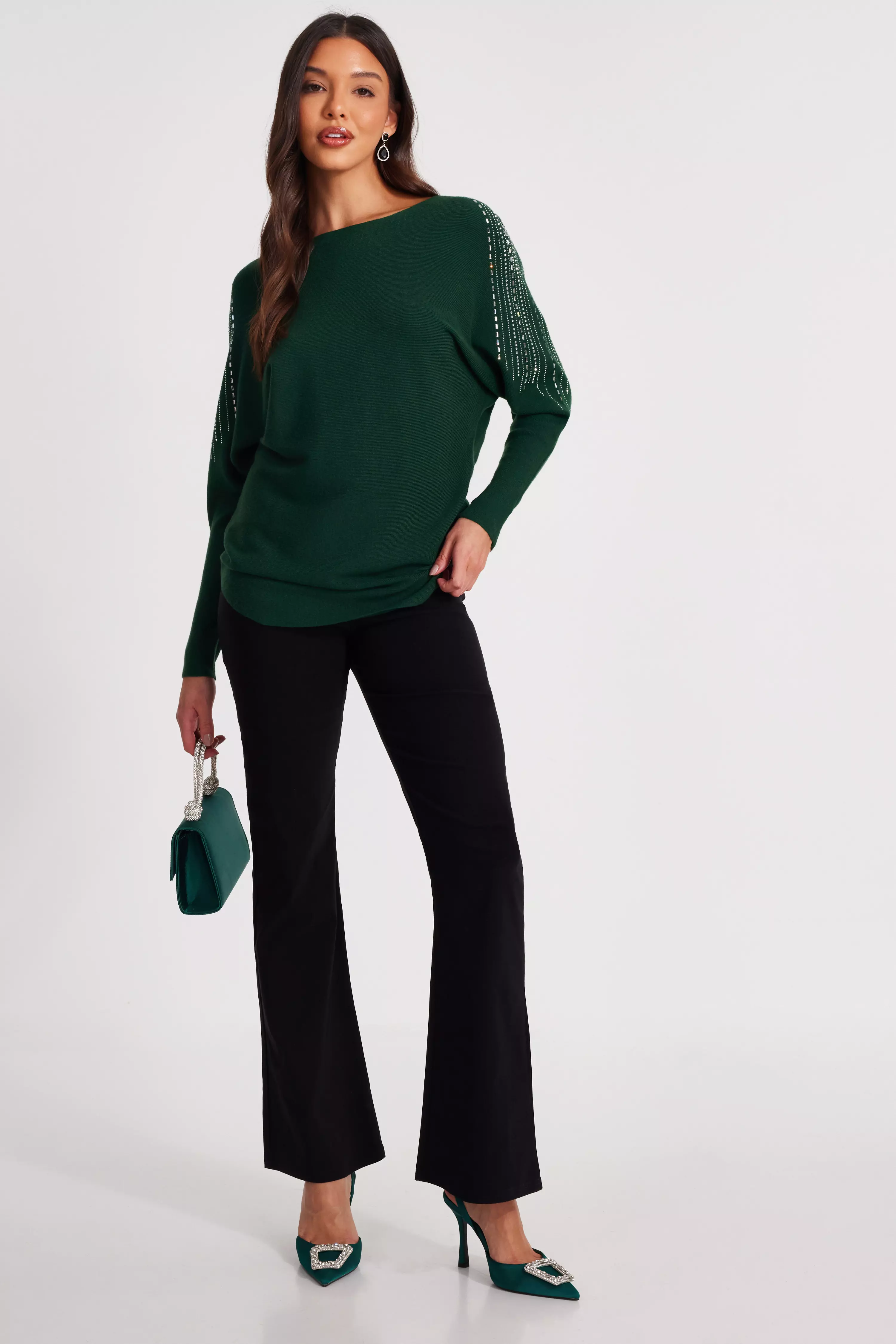 Bottle Green Knitted Diamante Jumper