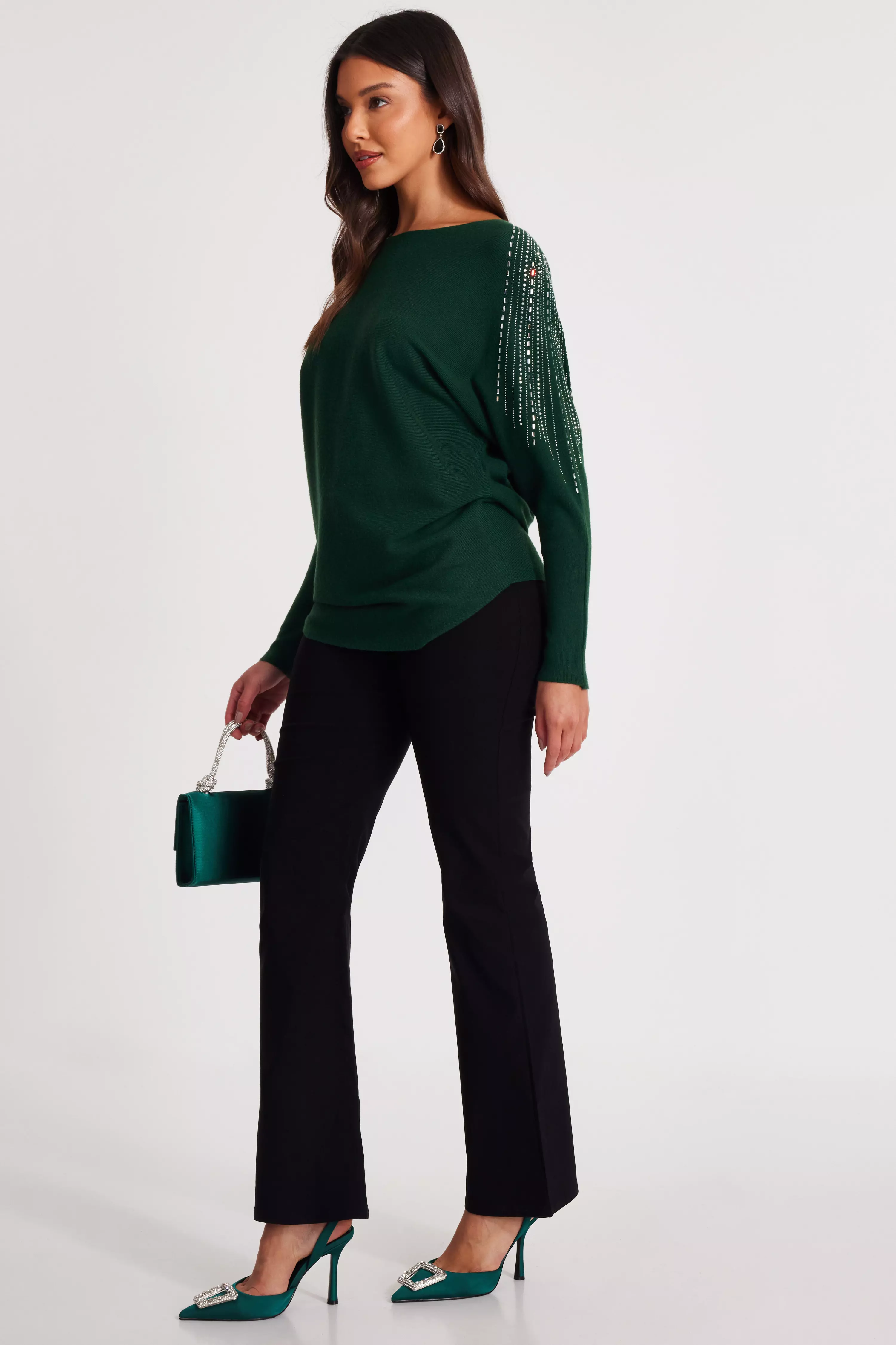 Bottle Green Knitted Diamante Jumper