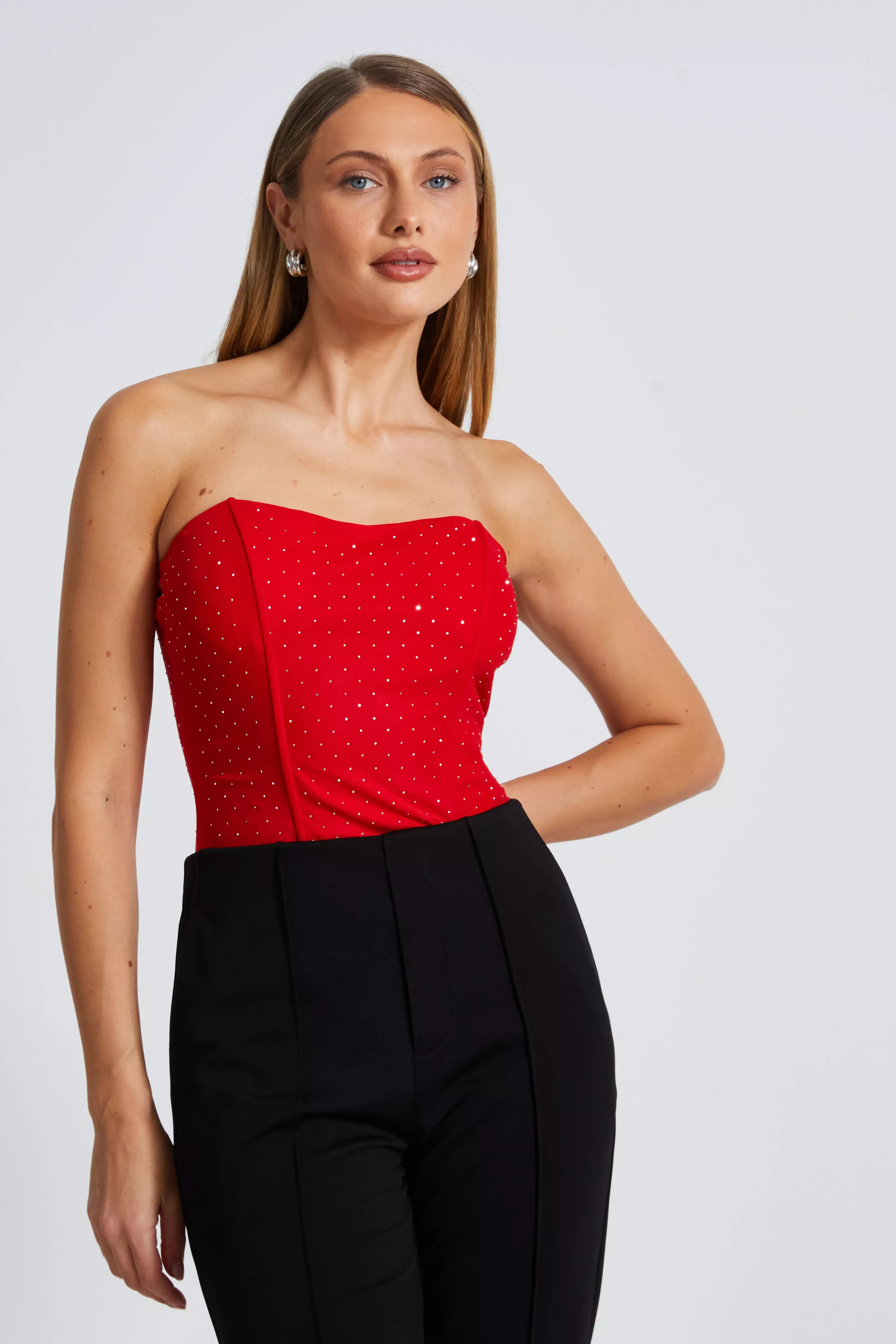 Red Mesh Embellished Bodysuit