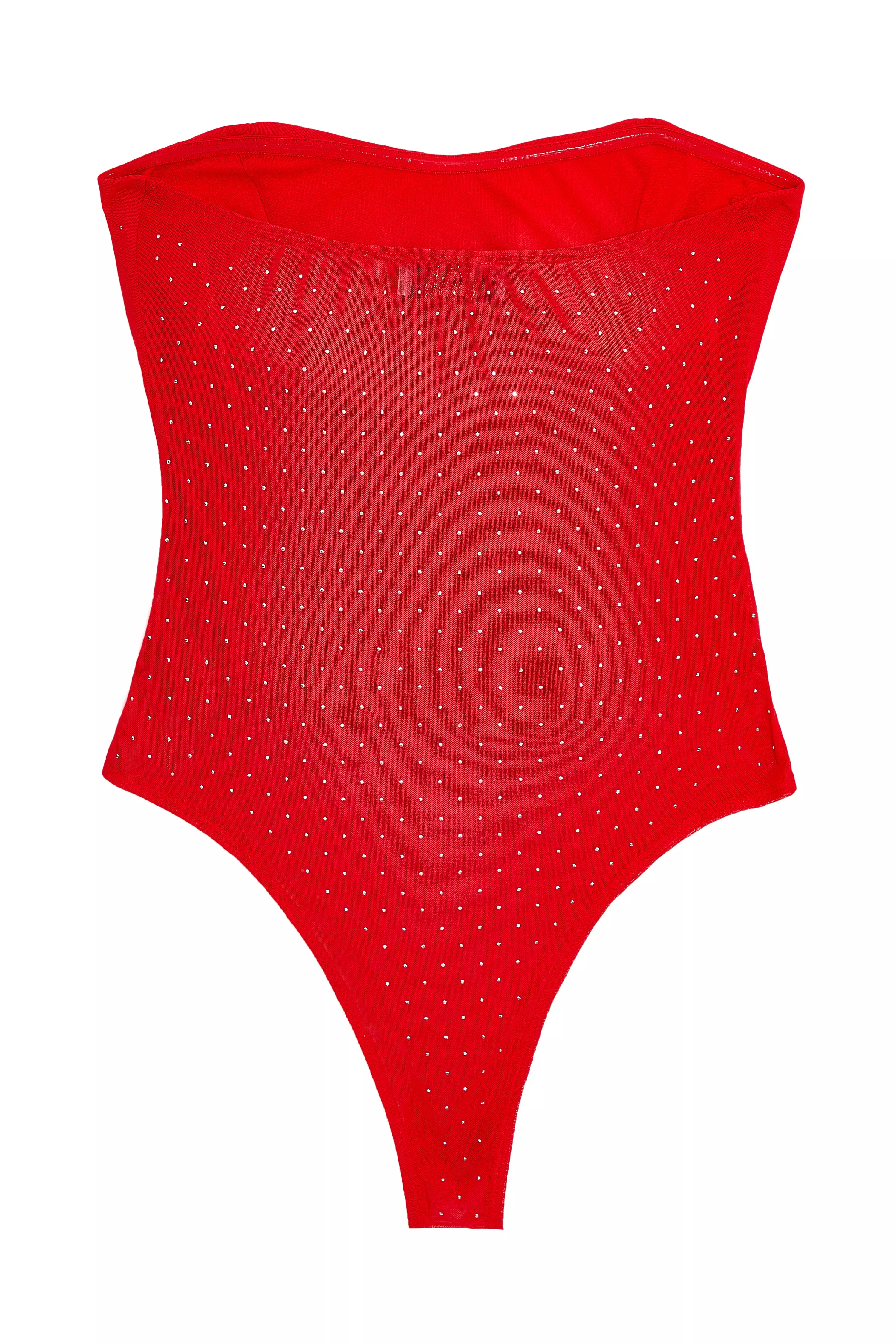 Red Mesh Embellished Bodysuit