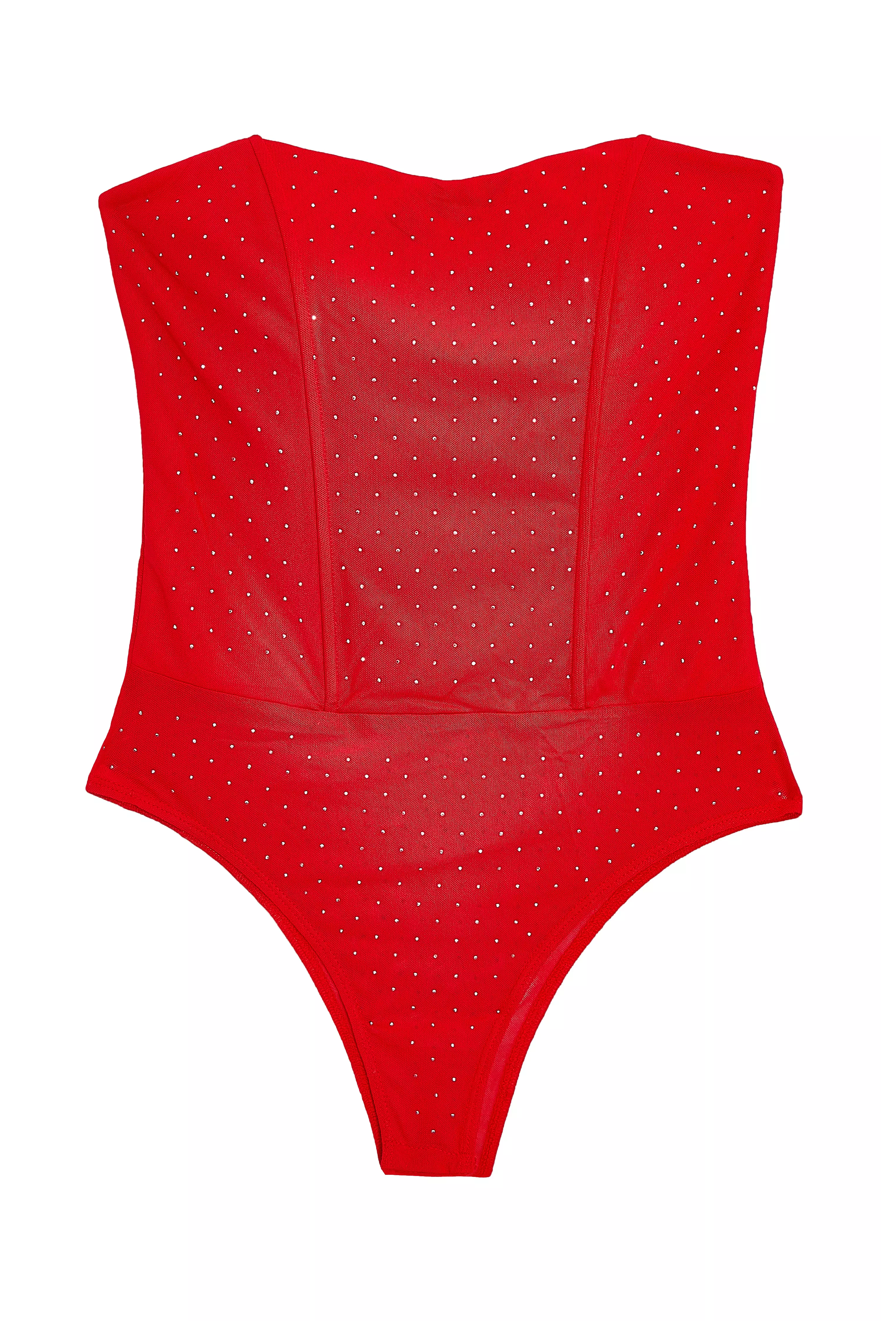 Red Mesh Embellished Bodysuit