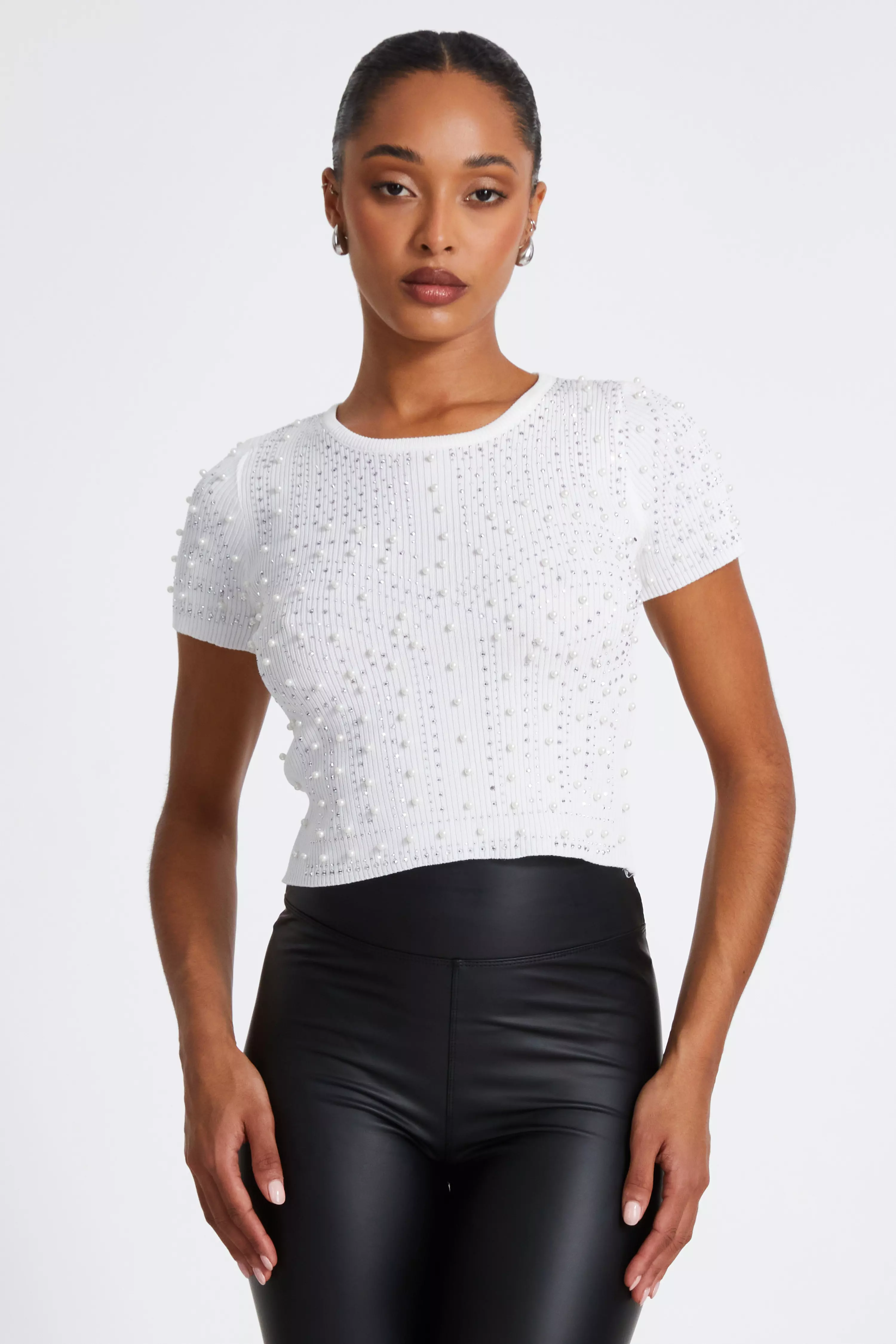 White Knit Embellished Crop Top