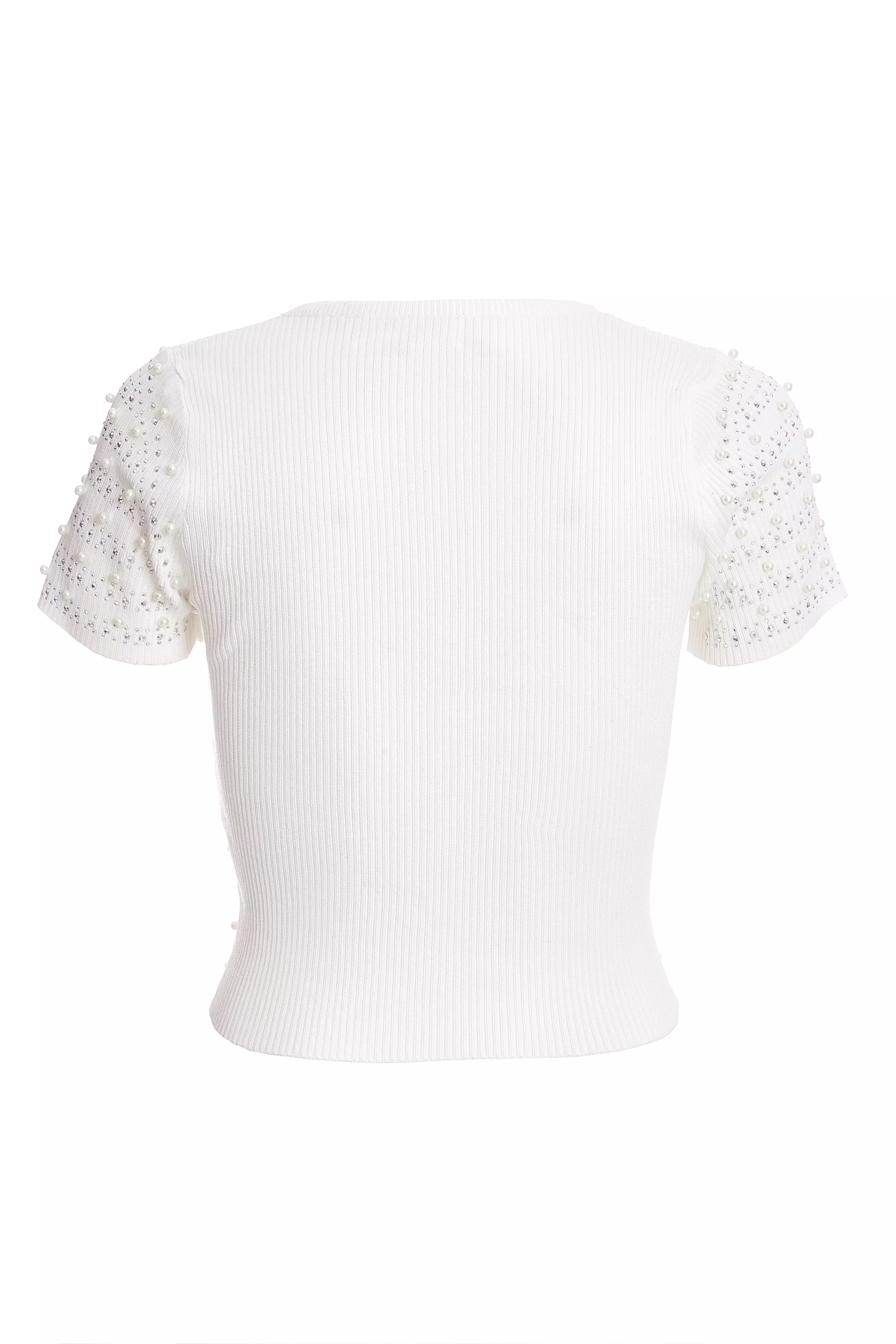 White Knit Embellished Crop Top