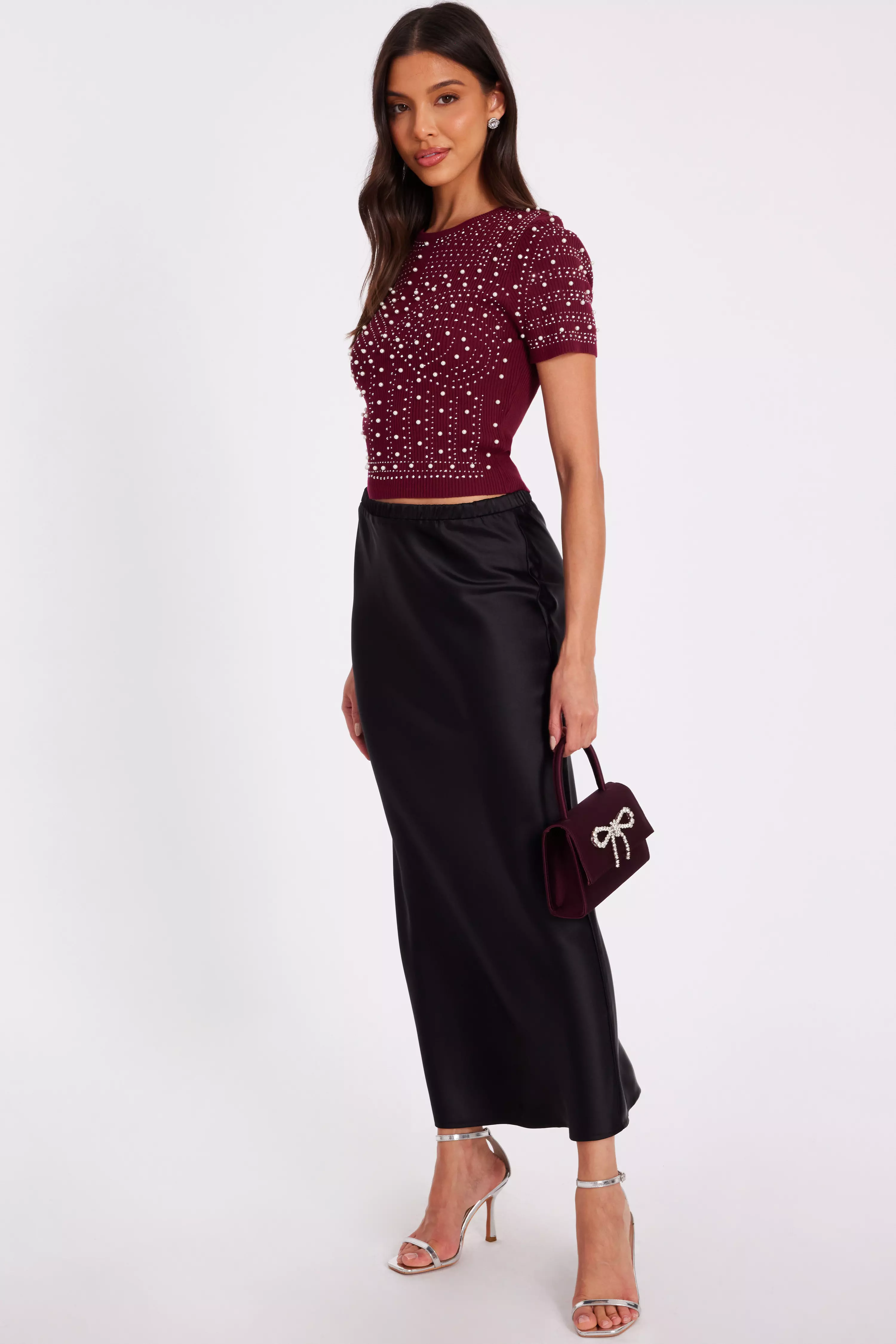 Dark Red Embellished Knit Crop Top