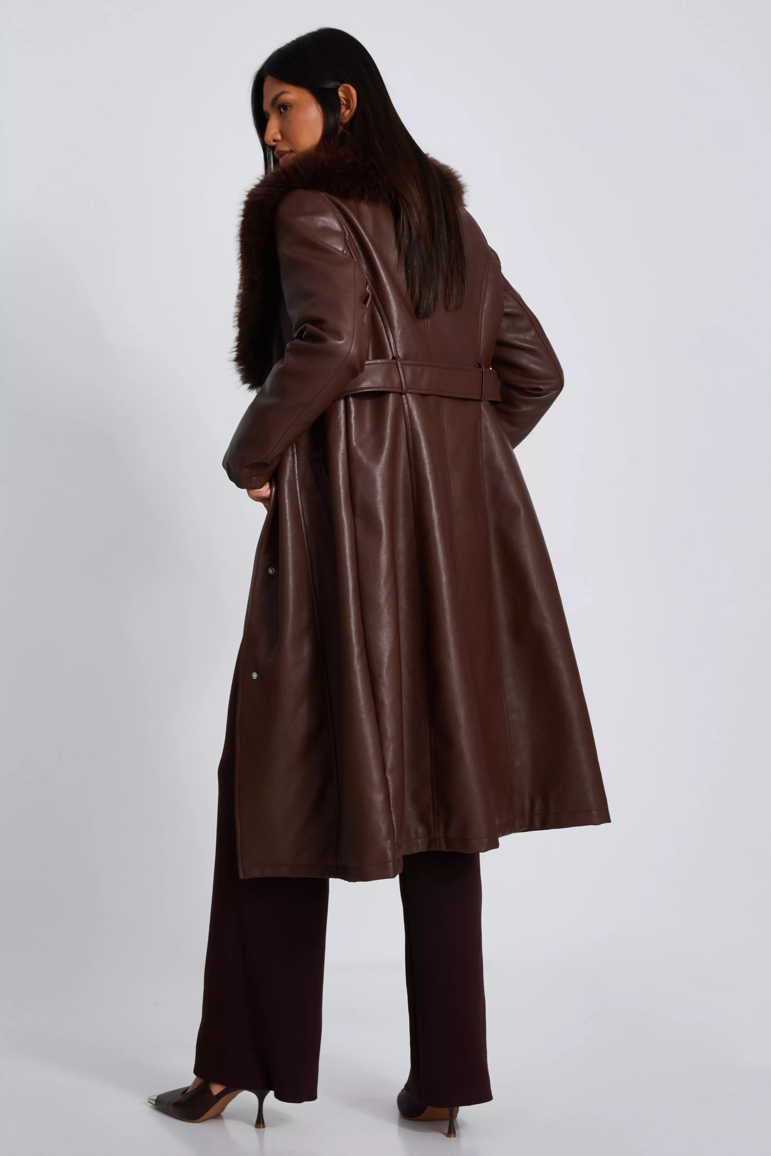 Brown Faux Leather Trench Coat