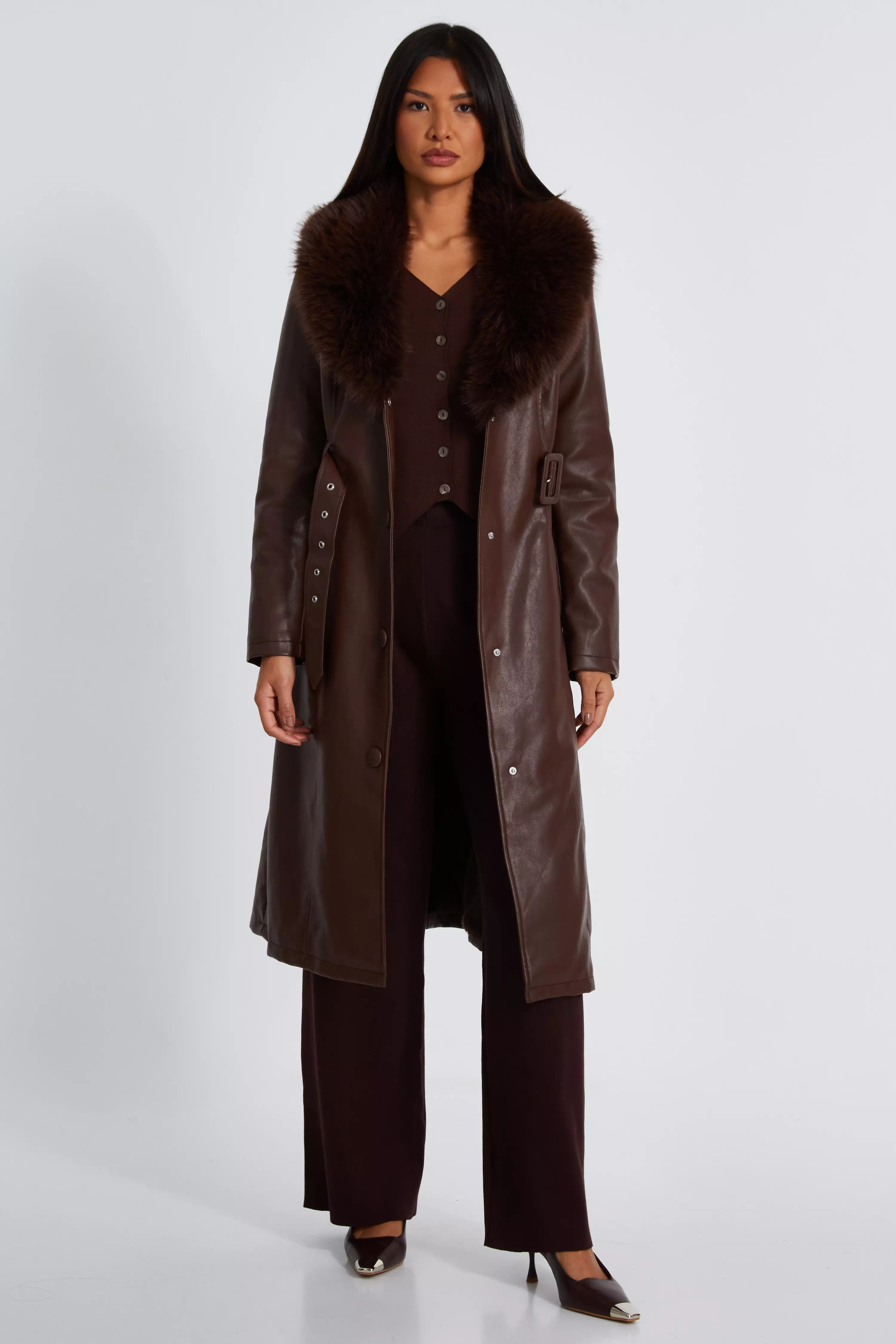 Brown Faux Leather Trench Coat