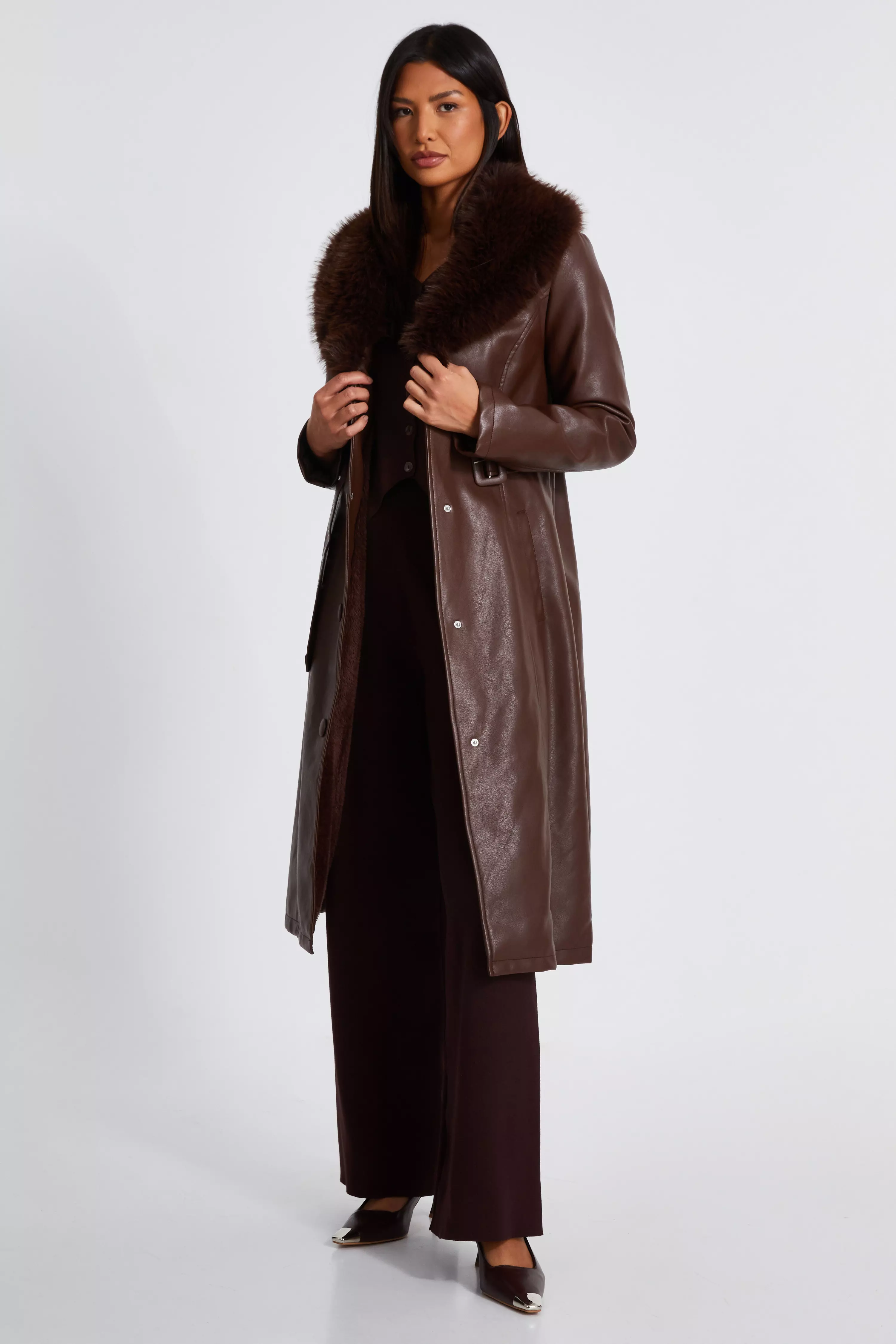 Brown Faux Leather Trench Coat