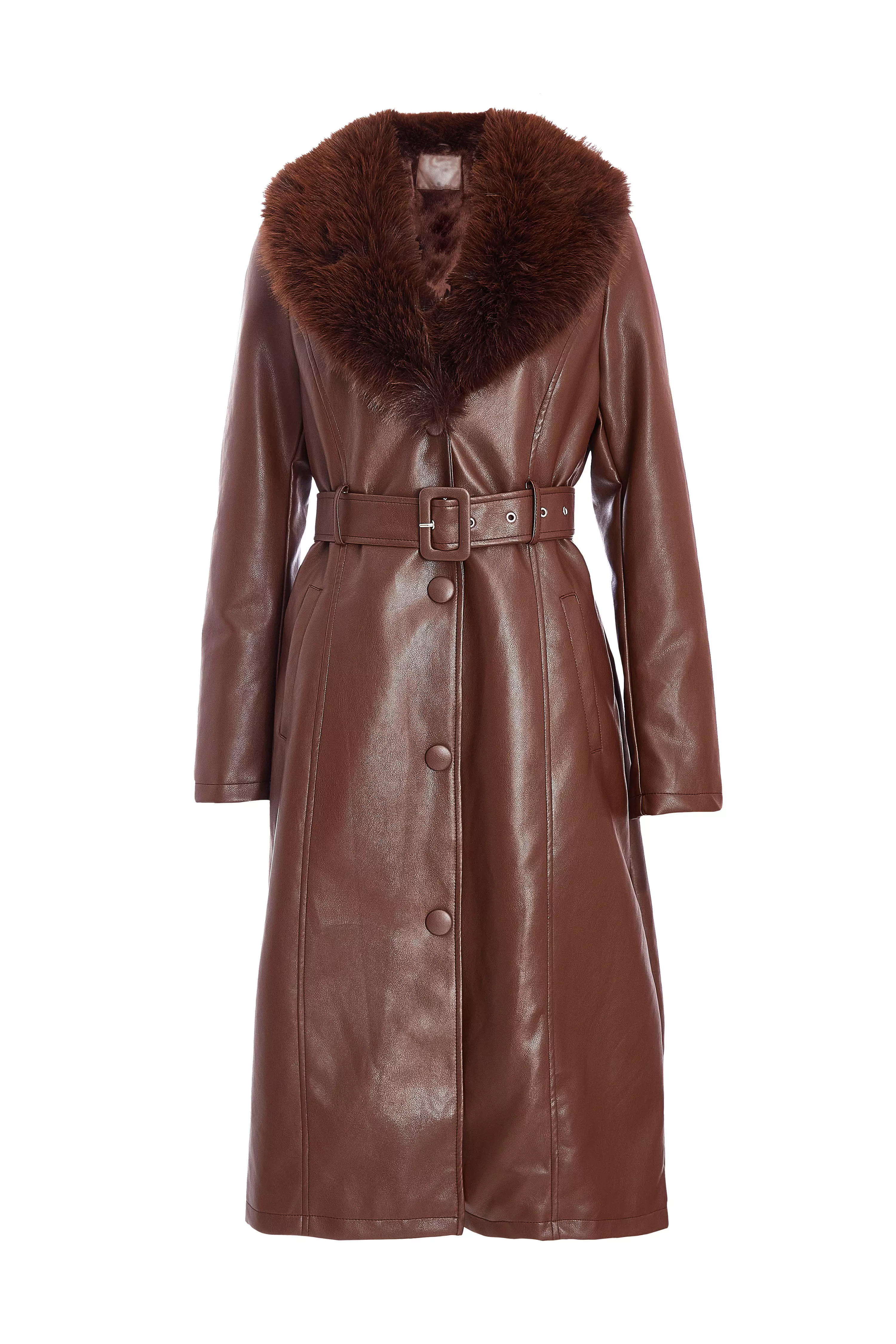 Brown Faux Leather Trench Coat