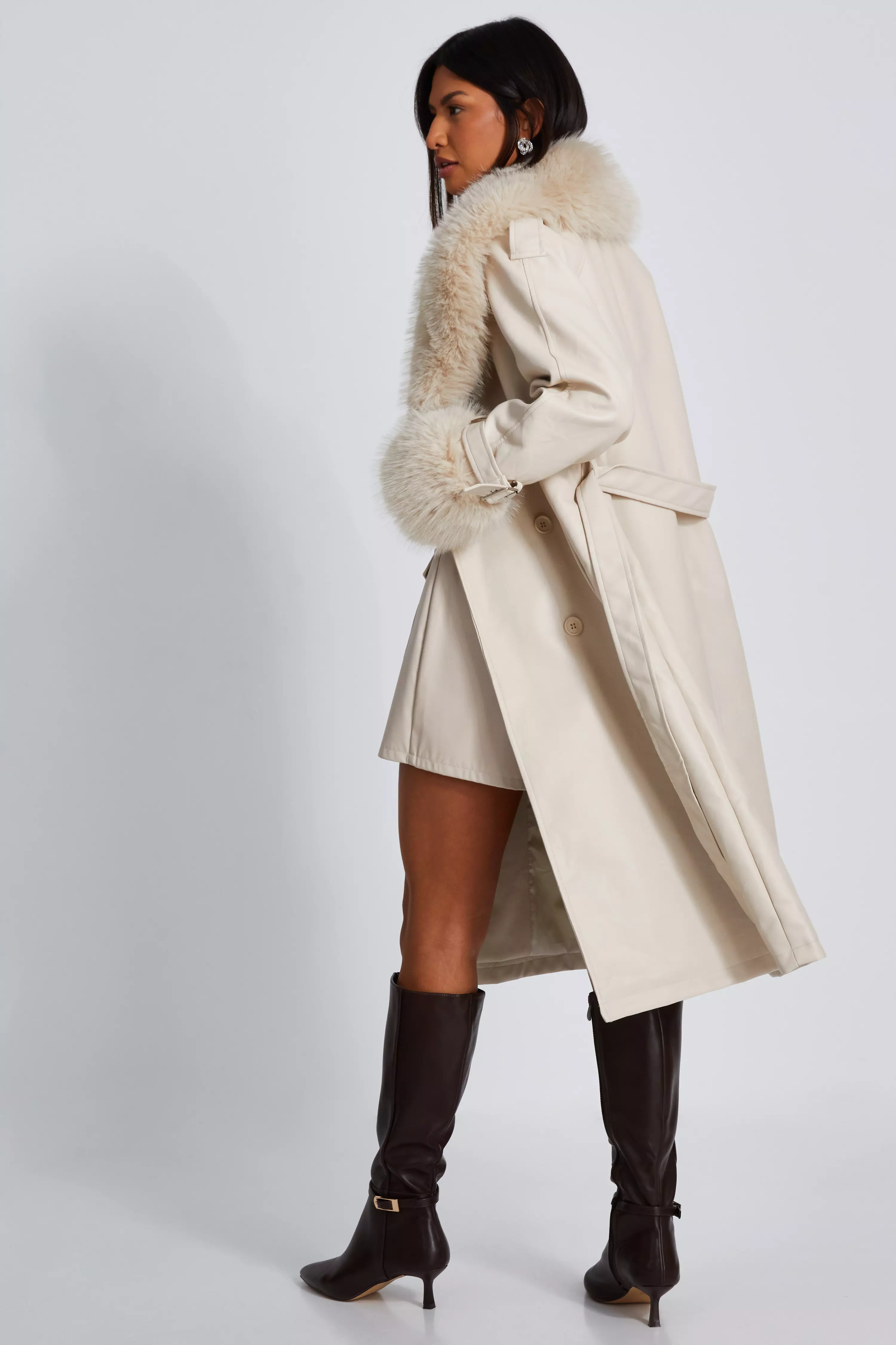 Stone Faux Leather Trench Coat