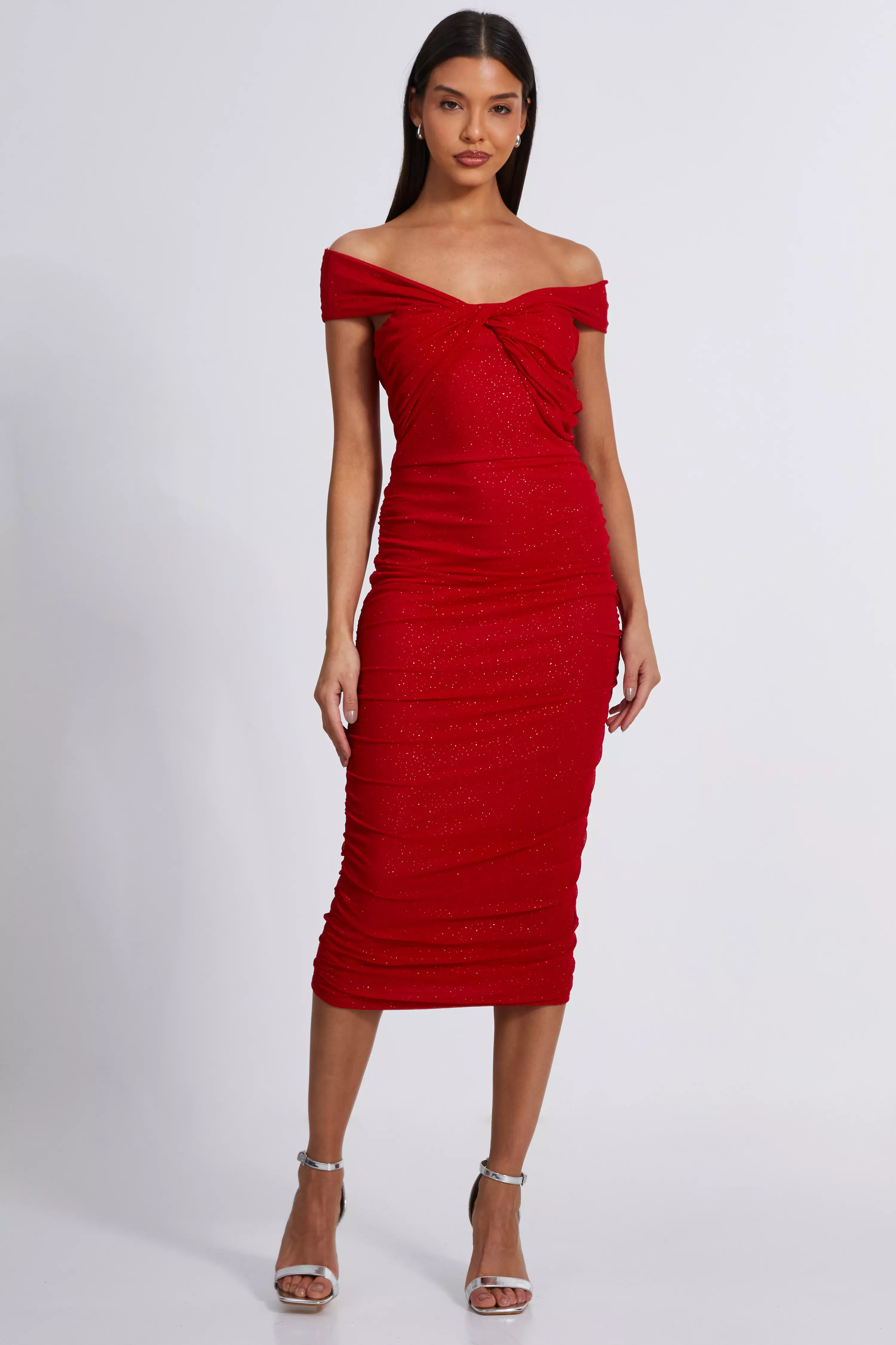 Red Glitter Mesh Midi Dress