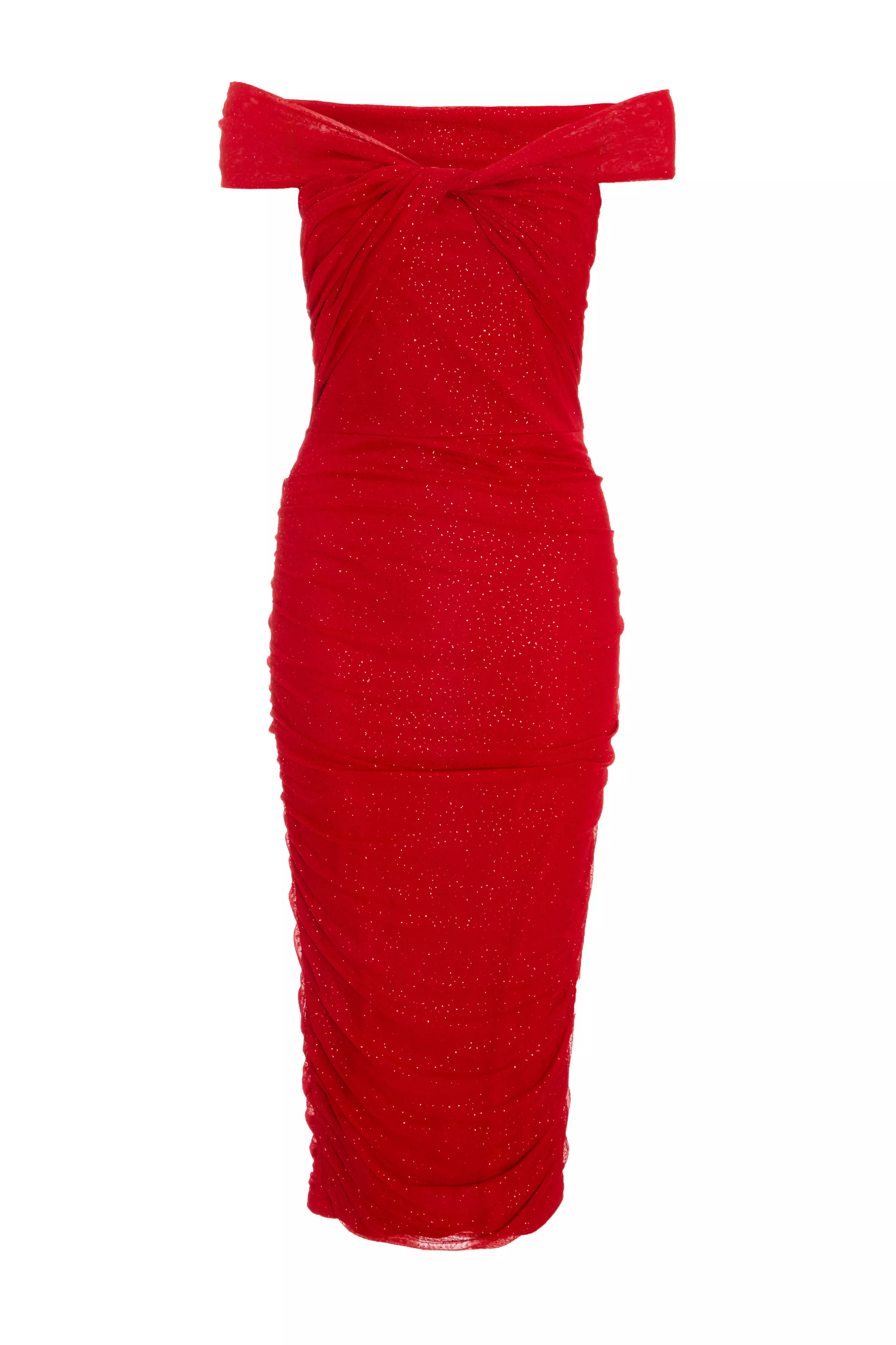 Red Glitter Mesh Midi Dress