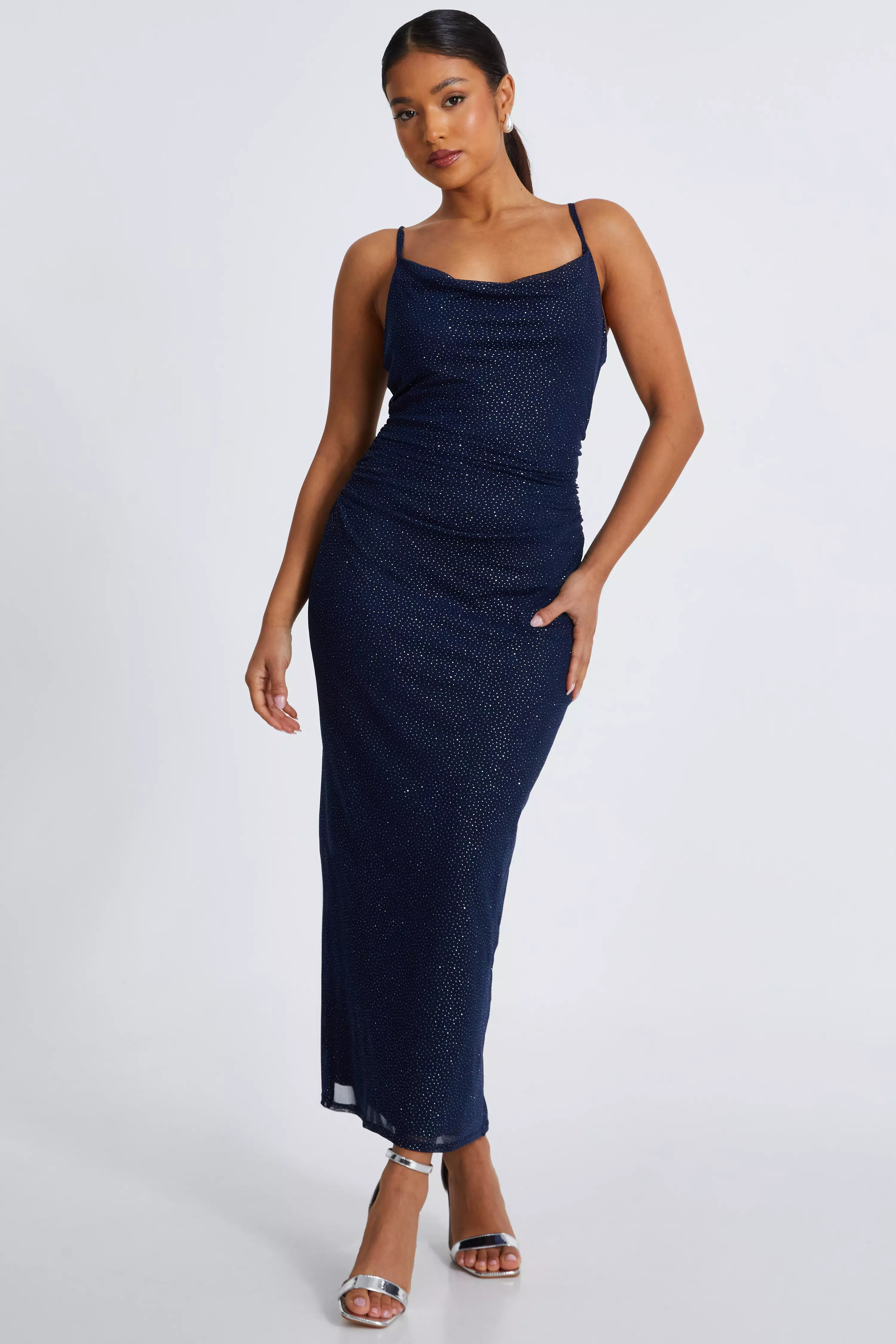 Petite Navy Glitter Mesh Midaxi Dress